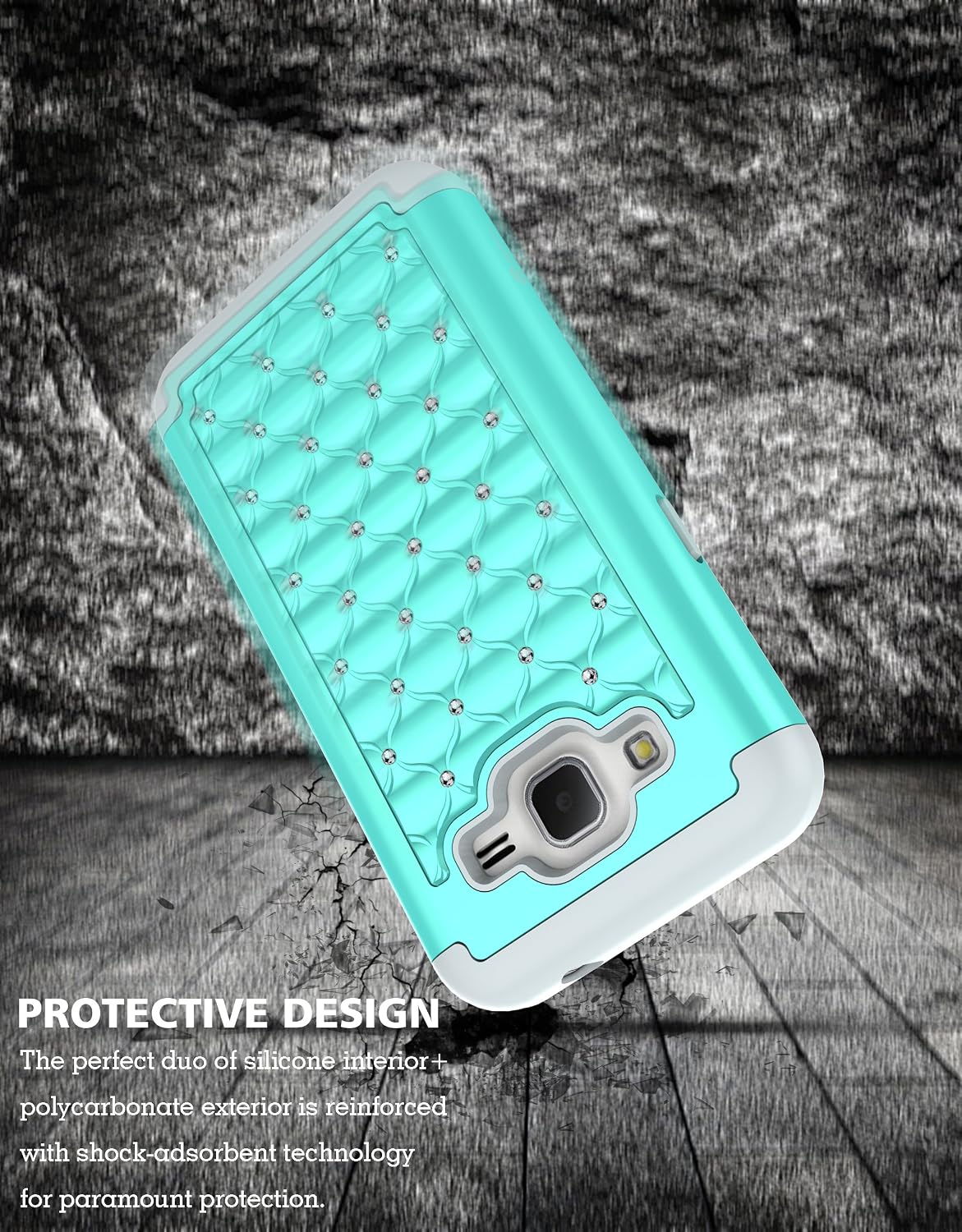 Style4U Galaxy Core Prime Case, Studded Rhinestone Crystal Bling Hybrid Armor Case Cover for Samsung Galaxy Core Prime G360 with 1 Stylus [Mint Green/Grey]