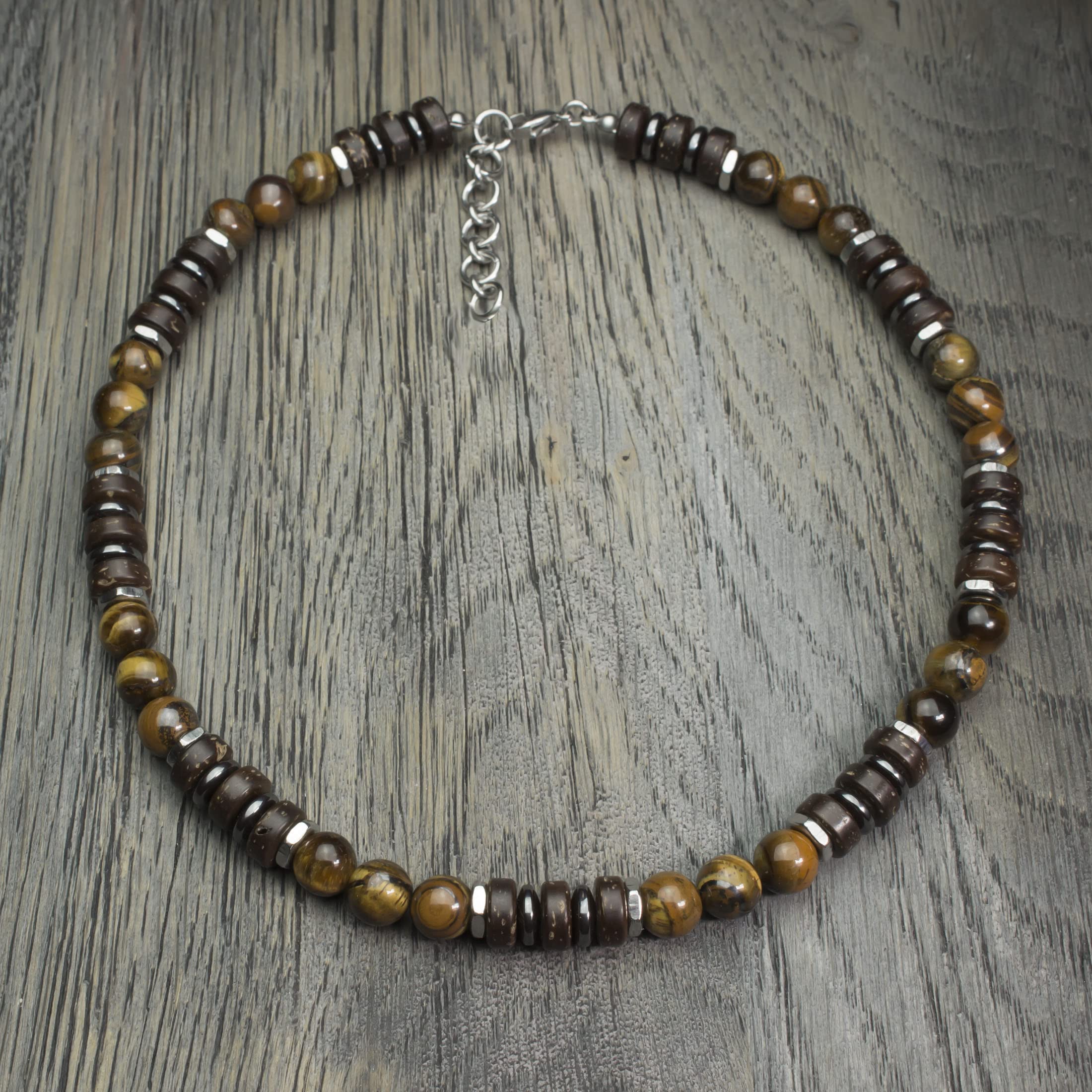 Sublime Collier Homme/Femme pierre Naturelle 8mm Œil de tigre bois coco hématite métal inoxydable couleur argent COLLITIGRIN