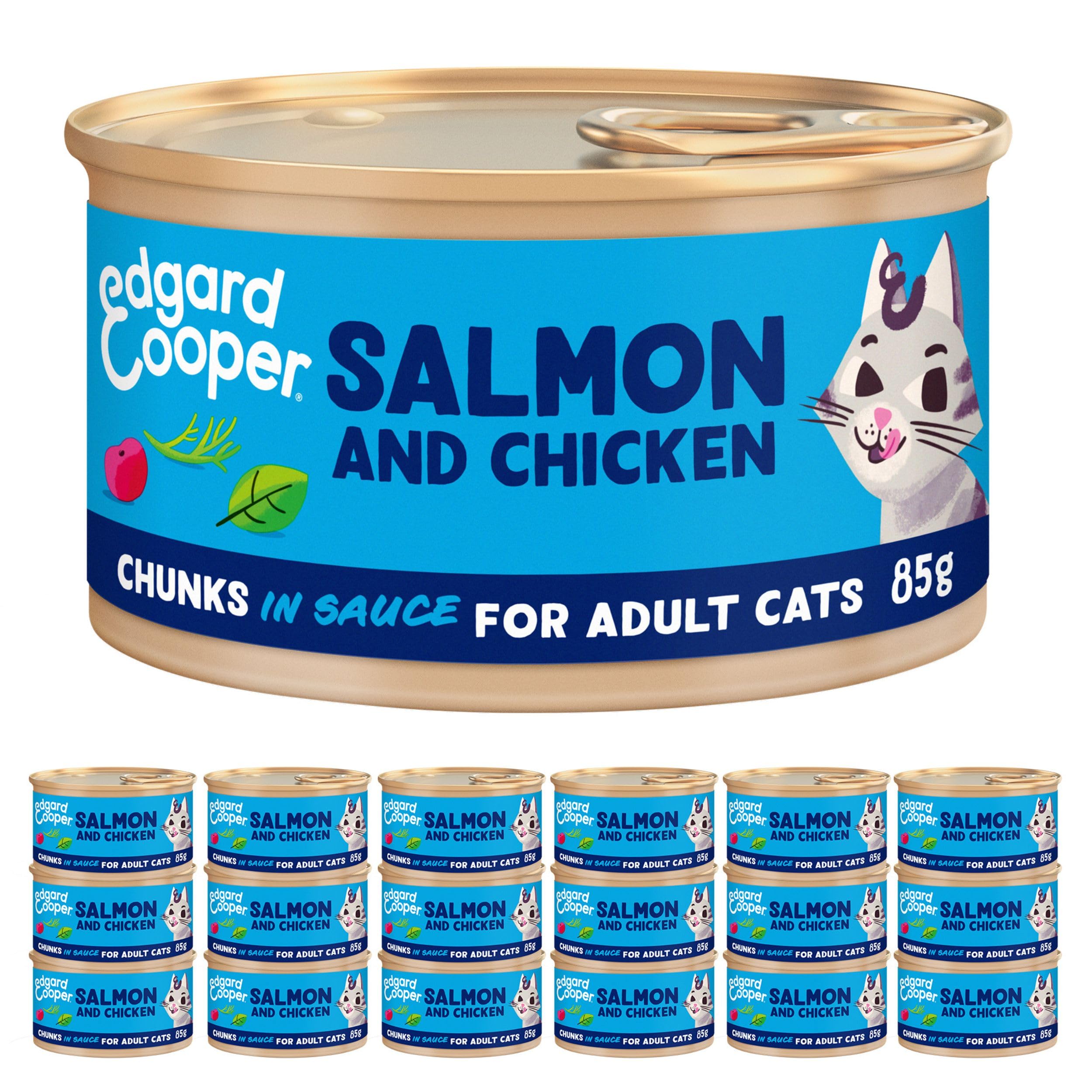 Edgard Cooper Comida humeda gatos, Adultos,Salmón-Pollo, 85g x 18, Pienso gatos Esterilizados y Activos, Sin cereales, Ingredientes naturales, Hipoalergénico, Sin azúcares añadidos