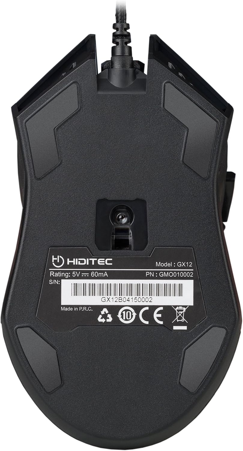 Underside view of Hiditec GX12 Gaming Mouse showing the optical sensor and product label