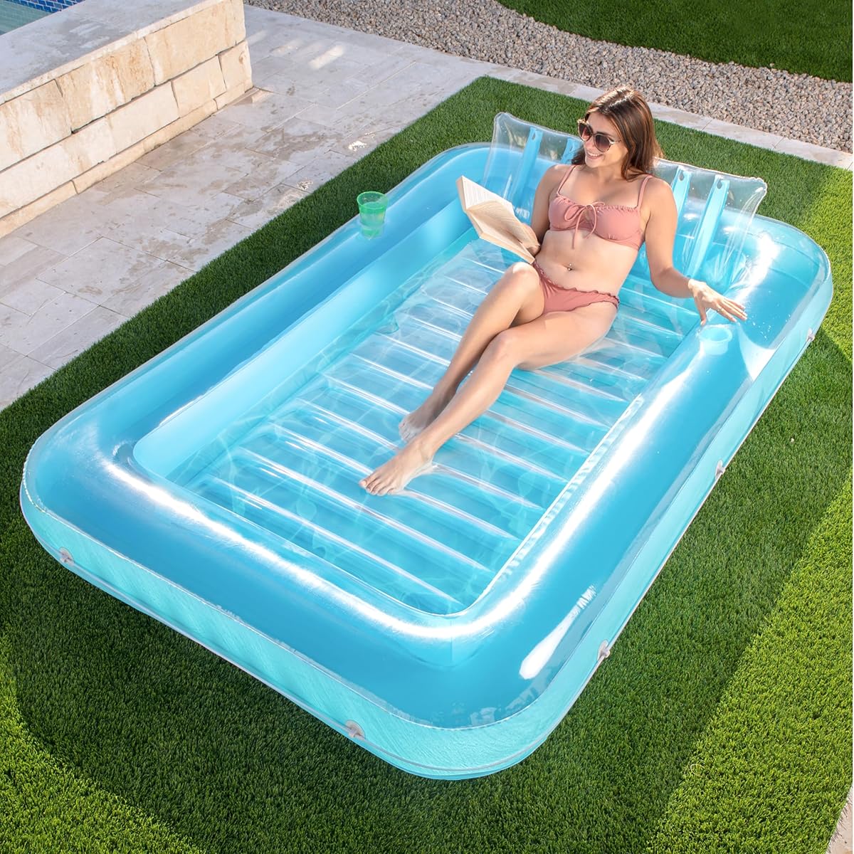 SLOOSH Inflatable Tanning Pool Lounger Float, 85" x 57" Extra Large Pool Floats Adult with Pillow, 4 in 1 Suntan Tub Raft Floatie,Sunbathing Bed Lounge for Water Blow Up Ball Pit Party Gifts, XL-Blue