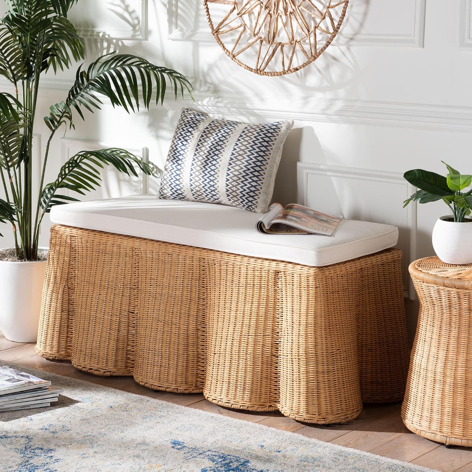 Bali & pari Palm Scallop Natural Rattan Ottoman with Cushion – Handwoven Wicker Accent Bench for Living Room, Bedroom or Entryway, Coastal Boho Style Accent Furniture, 46-inch Wide, Rectangular