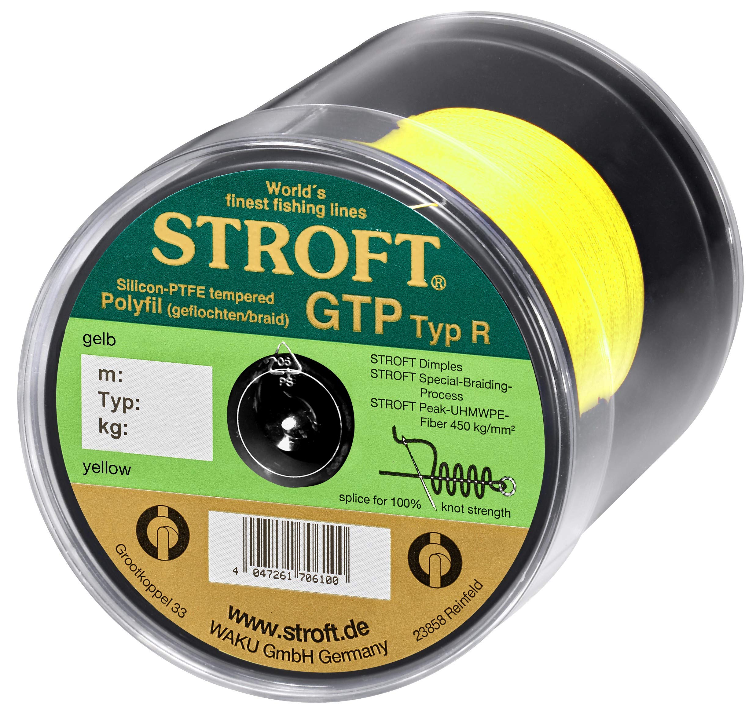 Schnur STROFT GTP Typ R geflochtene Angelschnur 150m gelb 8-fach PE Braid, hohe Tragkraft, extrem abriebfest, rund & fest geflochten, für Spinnfischen & Raubfisch wie Barsch, Zander & Hecht