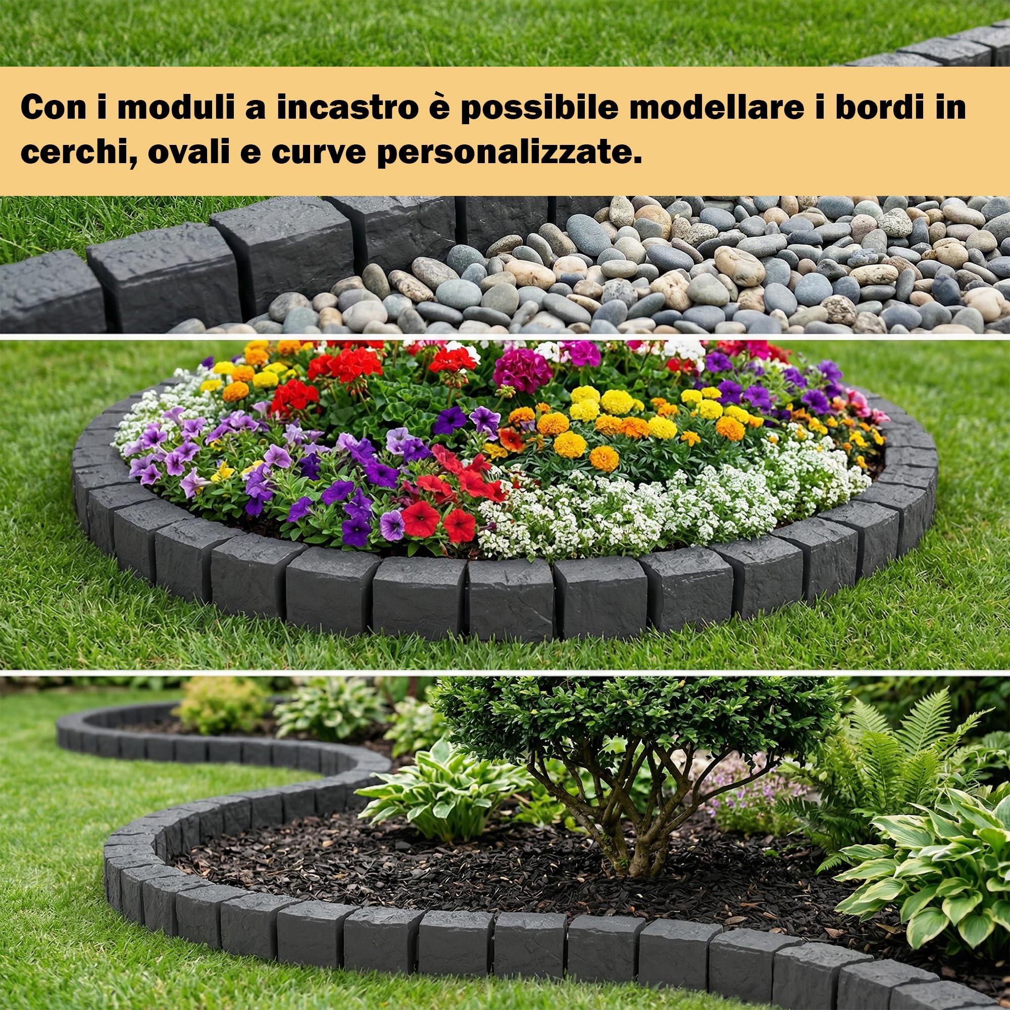 Bordo per prato, effetto granito, 1,2 m, antracite, in plastica, 10 x 10 x 10 cm, per aiuola, recinzione da giardino, recinzione per aiuola, resistente alle intemperie