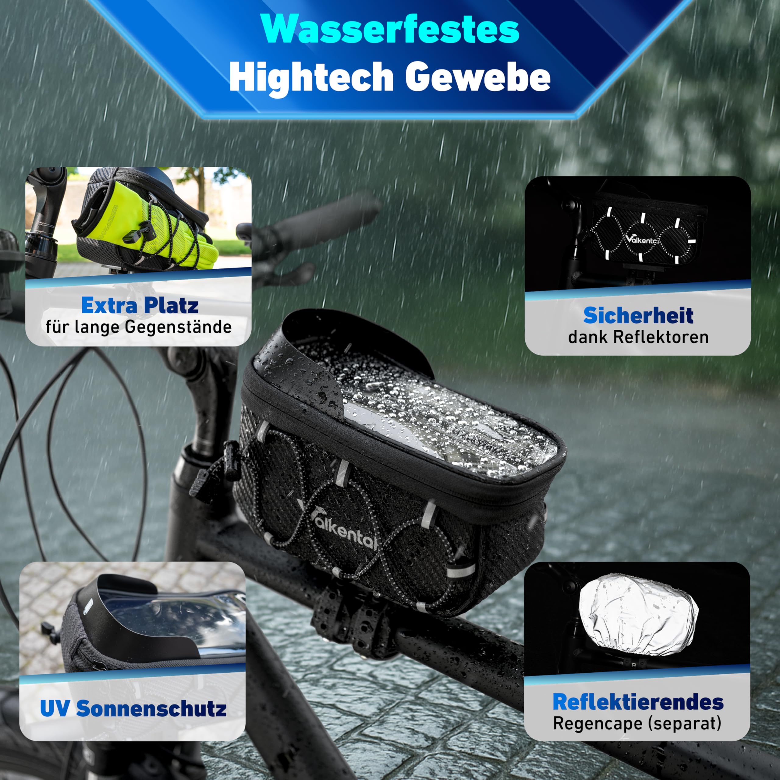 Valkental® Fahrrad Rahmentasche [Innovativer Adapter] Wasserfeste Oberrohrtasche mit Schnellspanner für Ebike, Rennrad & MTB [Viel Platz] Fahrradtasche Rahmen Handy – Handytasche mit sensibler Folie