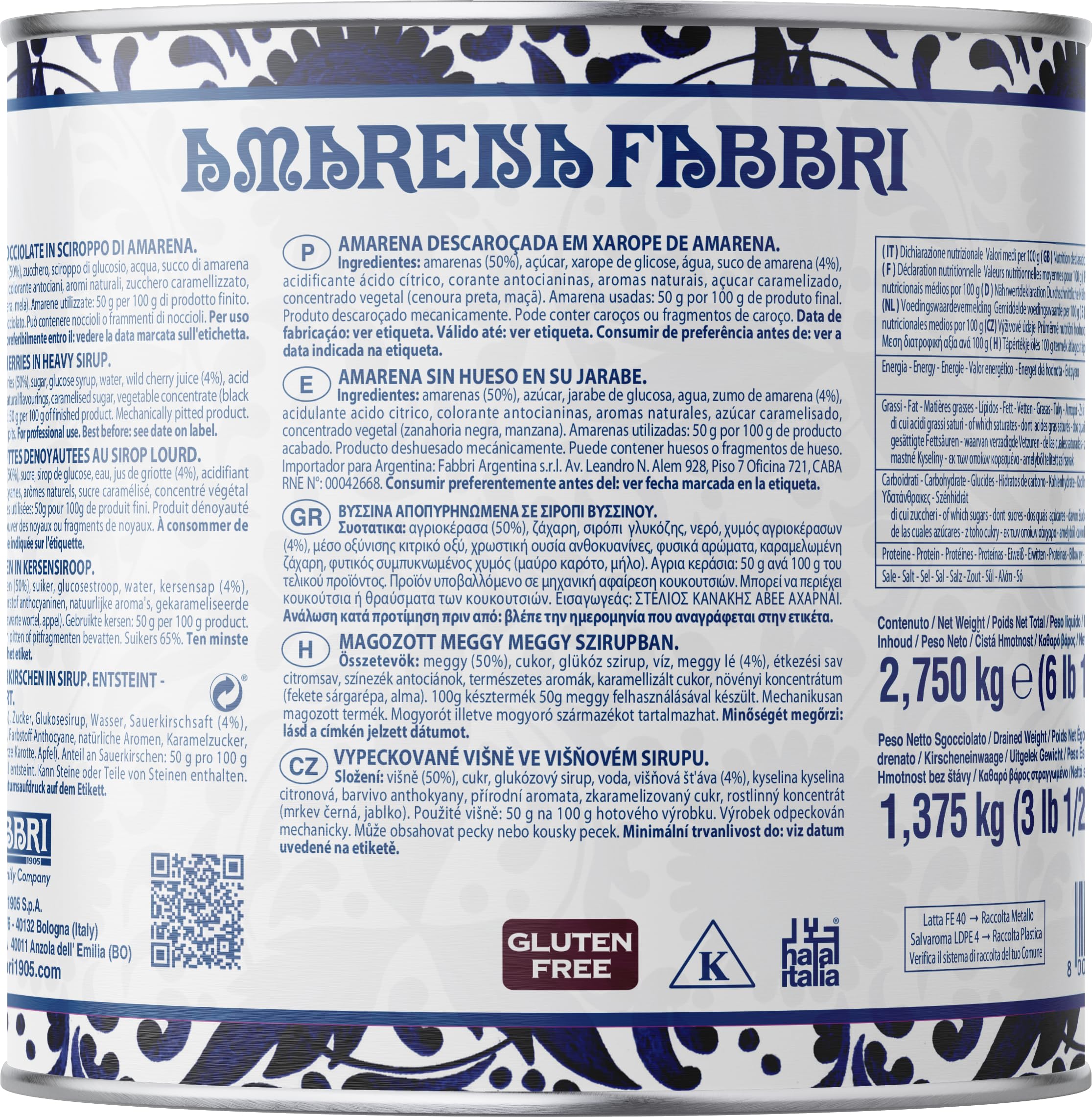 Fabbri Amarena Fabbri 2,75kg Gluten Free Ideale per Gelateria e Pasticceria