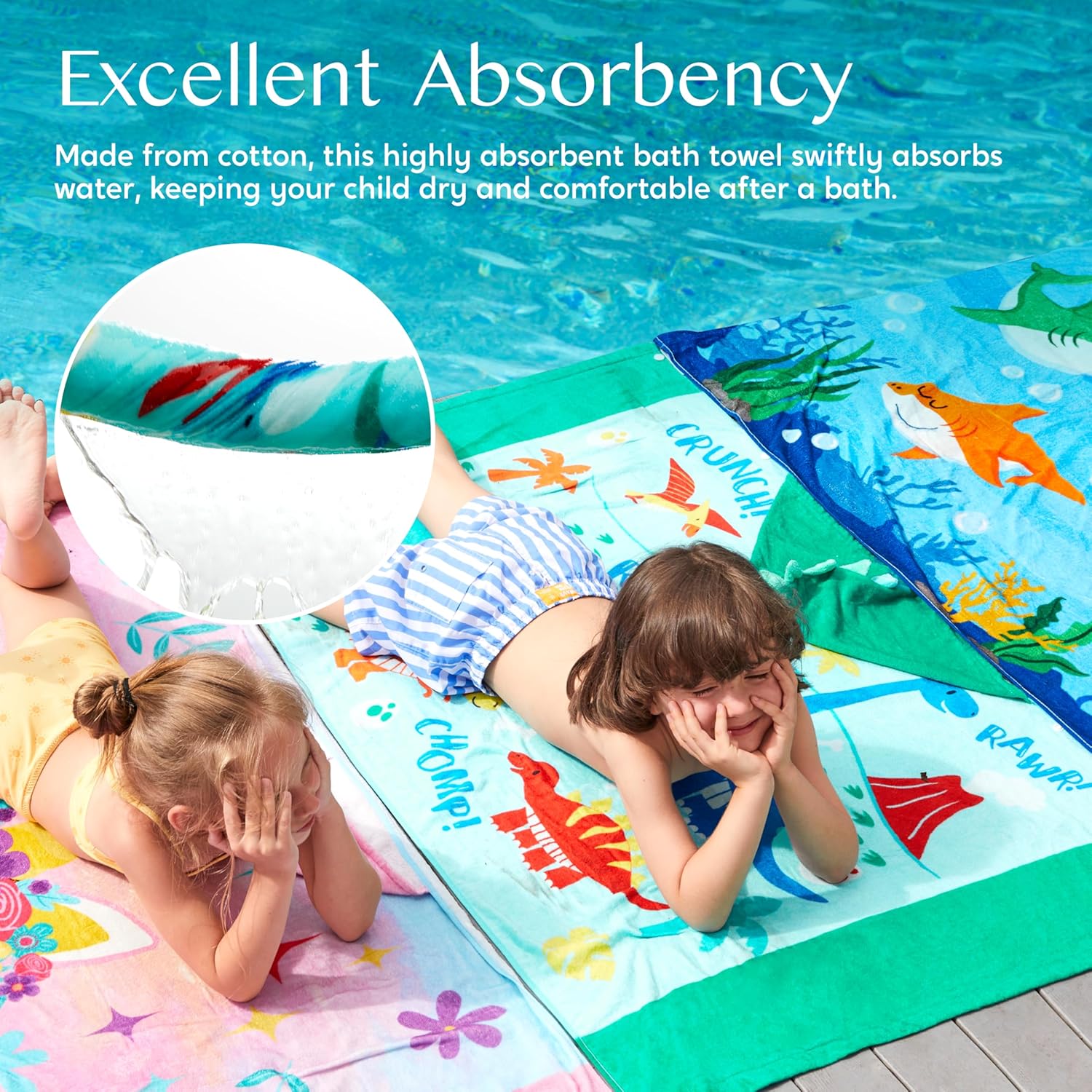 Joiedomi Dinosaur Hooded Towels for Kids Soft 100% Cotton Kids Beach Towel 30" x 50" for 3-10 Years Boy Girl Beach Hooded Poncho Absorbent Pool Toddler Swim Bath Wrap - Image 5