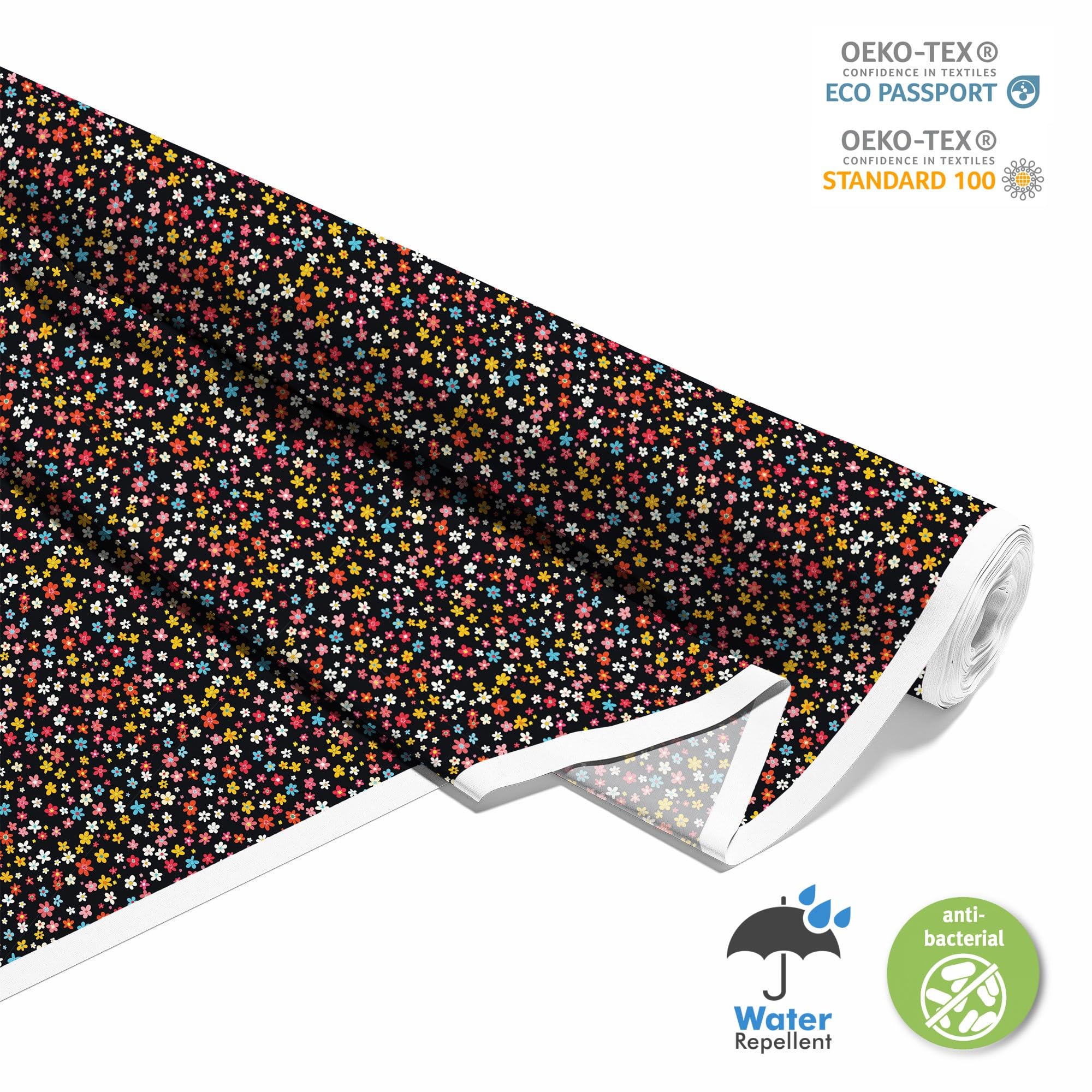 HEKO PANELS Oxford stof, waterdicht, per meter, canvasstof, polyester stof om te naaien, meubelstoffen, decoratieve stoffen, handwerk, waterafstotend, ondoorzichtig, bloemen, goud, donkerblauw, 100 x