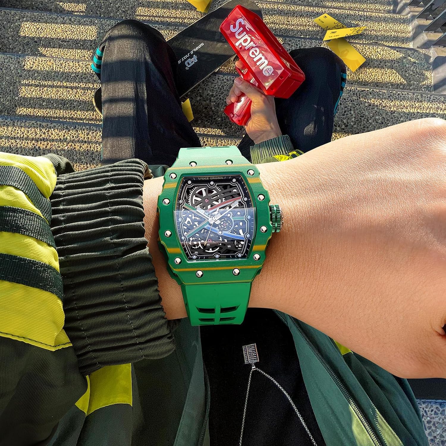 FEICE FM603 Watches for Men Automatic Skeleton Watch Men's Vintage Automatic Mechanical Skeleton Waterproof Watch Silicone Strap Sport Luminous Analog Unique Business Wristwatch for Men Green,Gifts Mechanical Watches for Men. - Image 7