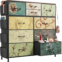 WLIVE Fabric Dresser for Bedroom with 10 Drawers, Chest of Drawers with Side Pockets and Hooks, Sturdy Metal Frame, Drawers Organizer Unit for Living Room, Hallway, Floral Painted