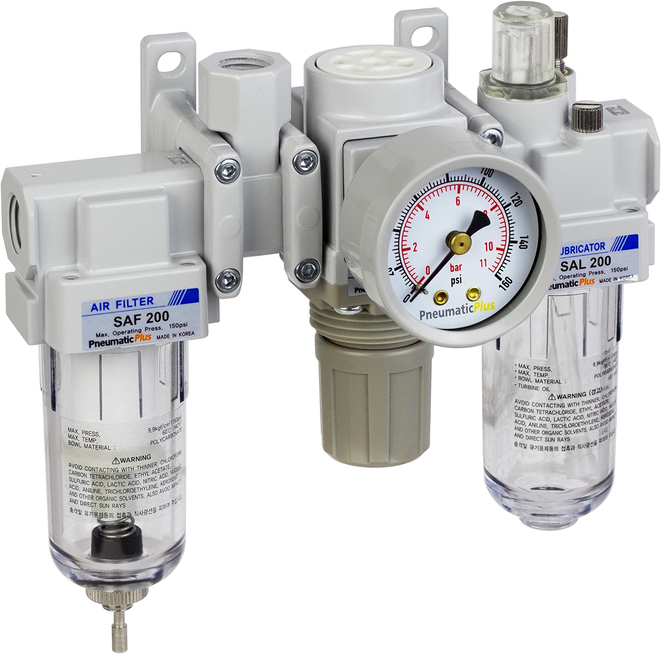 SAU200A-N02G - Dual Air System 1/4" NPT - Compressed Air Filter, Pressure Regulator & Lubricator w/Additional Free Air Port 1/4" NPT - Manual Drain, Poly Bowl