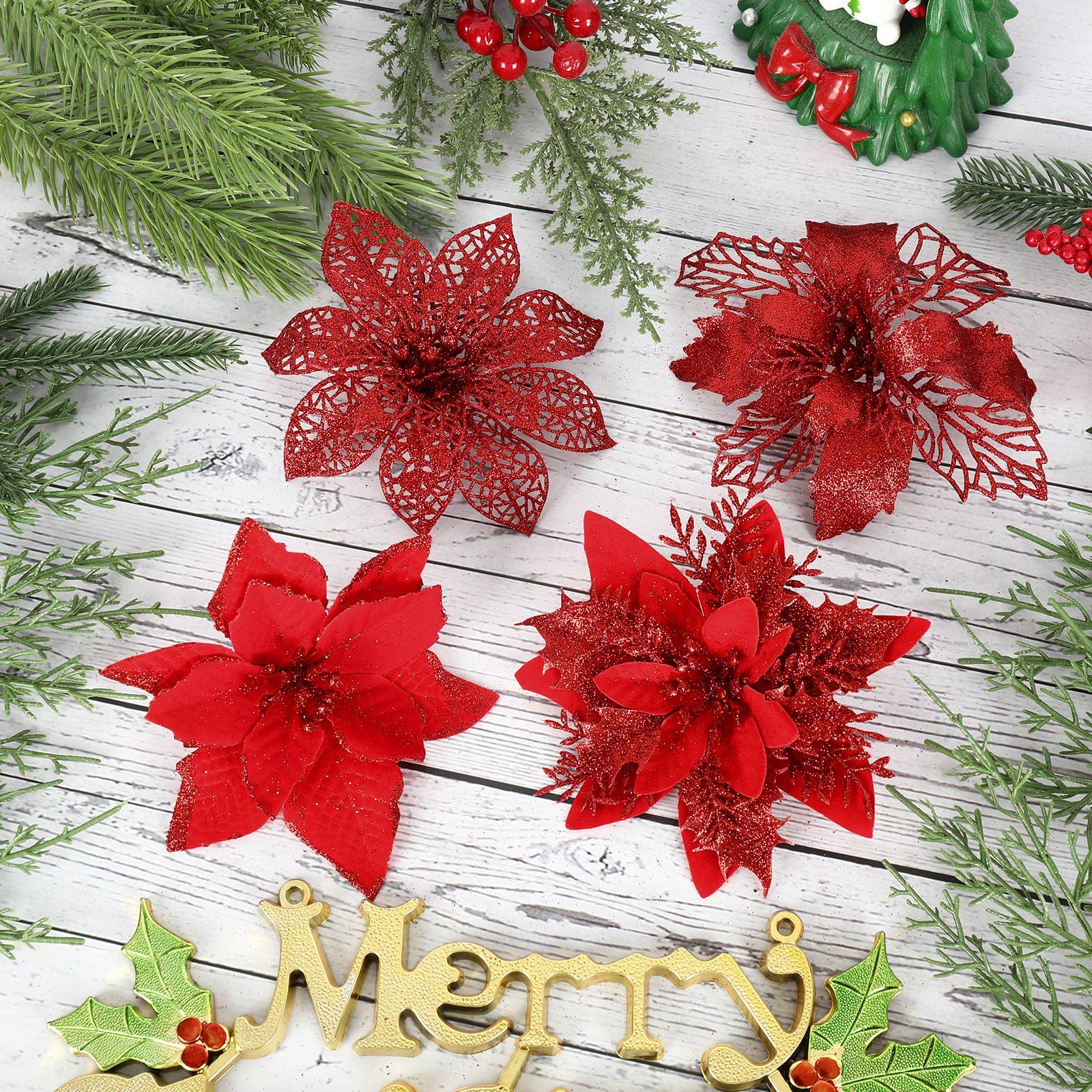 Whaline 24 Stück Weihnachtssterne mit 24 Clips, 4 Designs, rote Glitzerblumen, künstlicher Weihnachtsstern, Dekoration für Weihnachtsbaum, Ornament, Hochzeit, Dekoration, Winterpartyzubehör