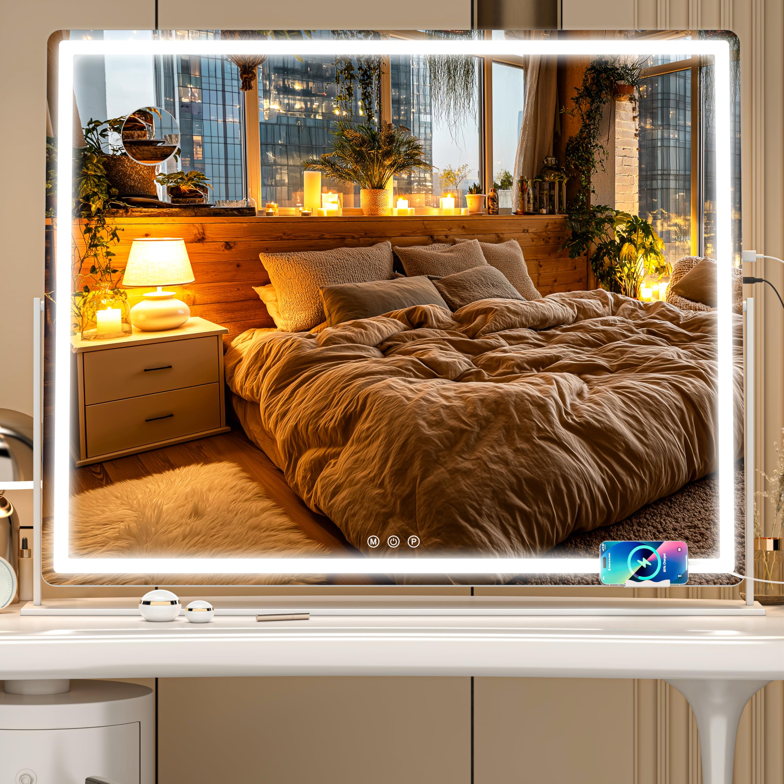 large vanity mirror with lights 34'' x 25.6'' - touch screen hollywood makeup mirror, 3 color modes + dimmable led lighting, premium aluminum frame for dressing table