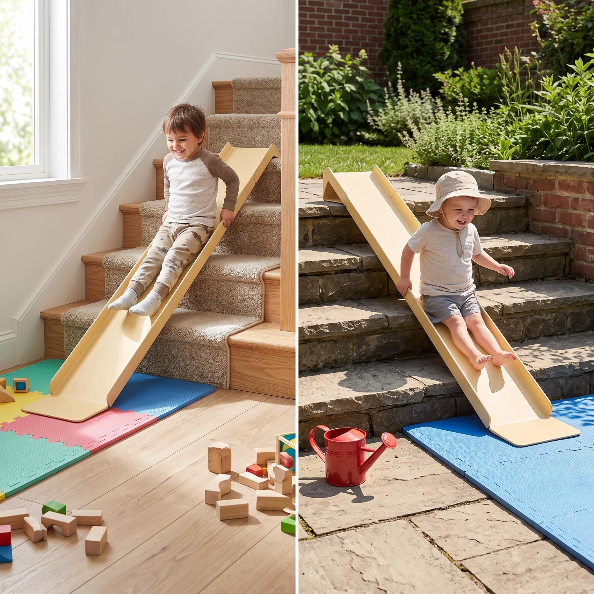 Papp Rutschbahn Treppenrutsche Kinder Rutschbrett Spielgerät mit 7 Stufen Schiene Und Dämpfender Matte aus Wellpappe PA EPE für Kindergarten Heim Gartenbereich