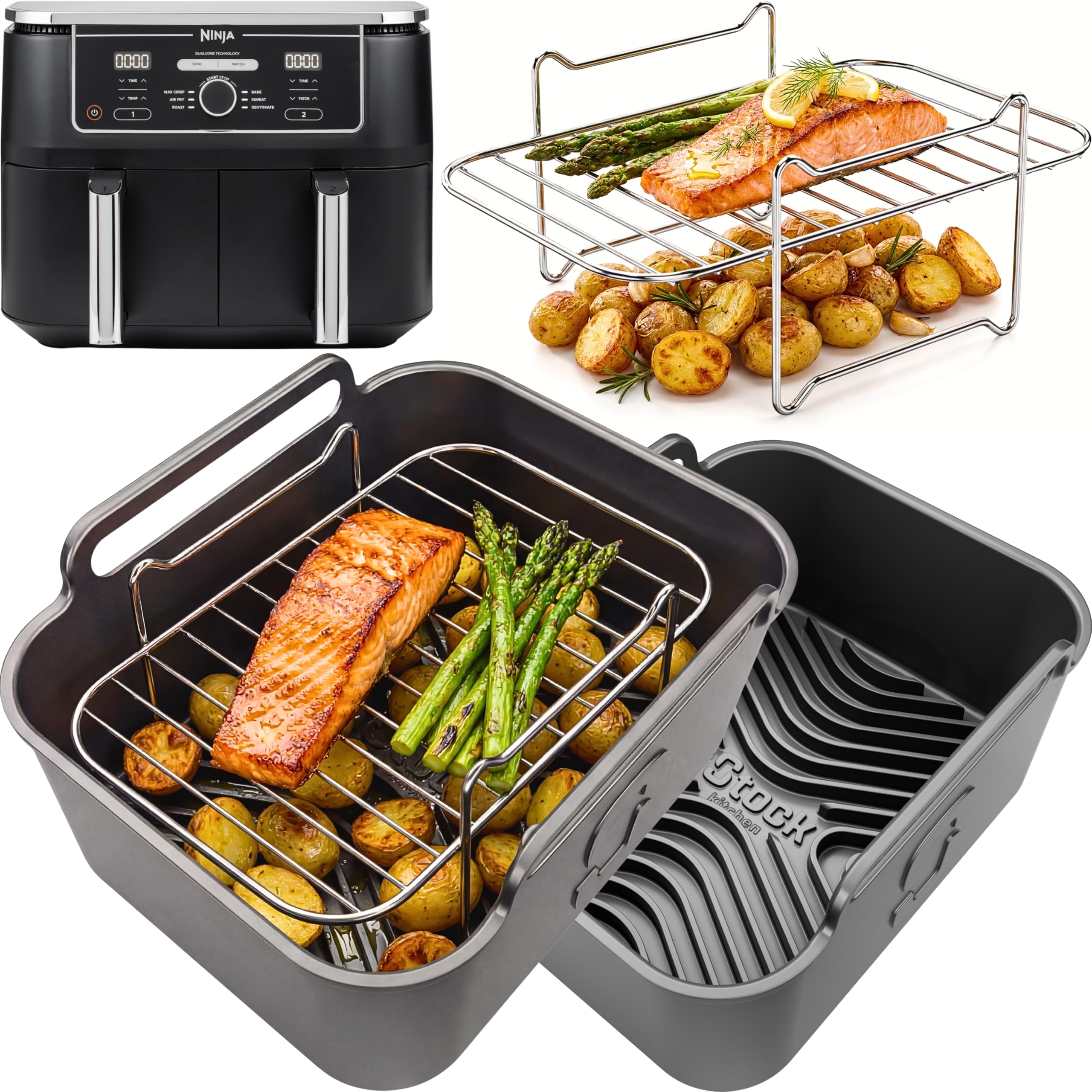Airflow Pro™ Ninja AF400UK Liners + Flat Racks | Stack & Cook System | 2 Silicone Liners + 2 Flat Racks | Ninja Dual Zone 9.5L Accessories | iStock Kitchen