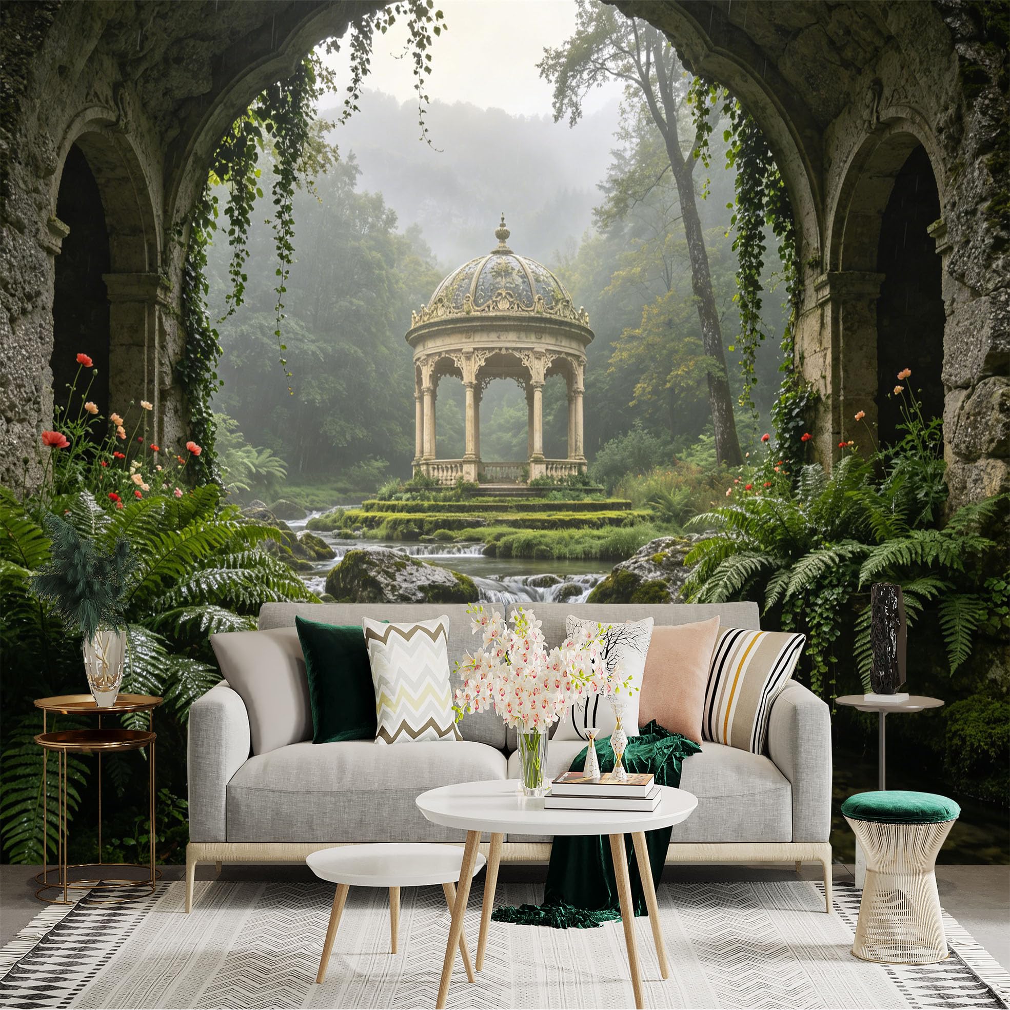 Custom Size Wall Sticker Mural， Ancient Stone Arch with Forest Pavilion and Flowing River， for wall Decoration， peelandstick wall Decals.