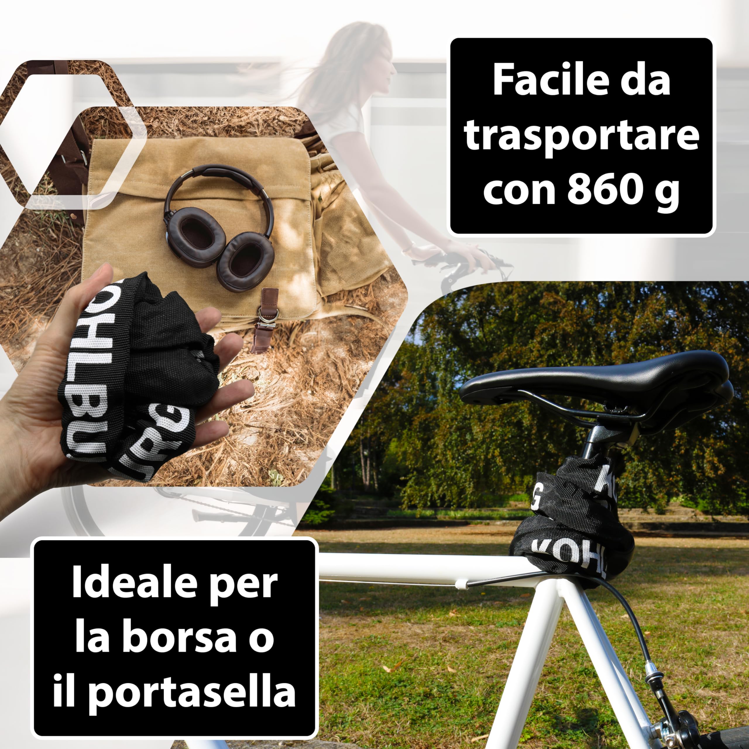 KOHLBURG lucchetto a combinazione molto lungo, 115 cm di lunghezza e 6 mm di spessore con codice numerico - lucchetto a catena con combinazione numerica - lucchetto di sicurezza per bicicletta