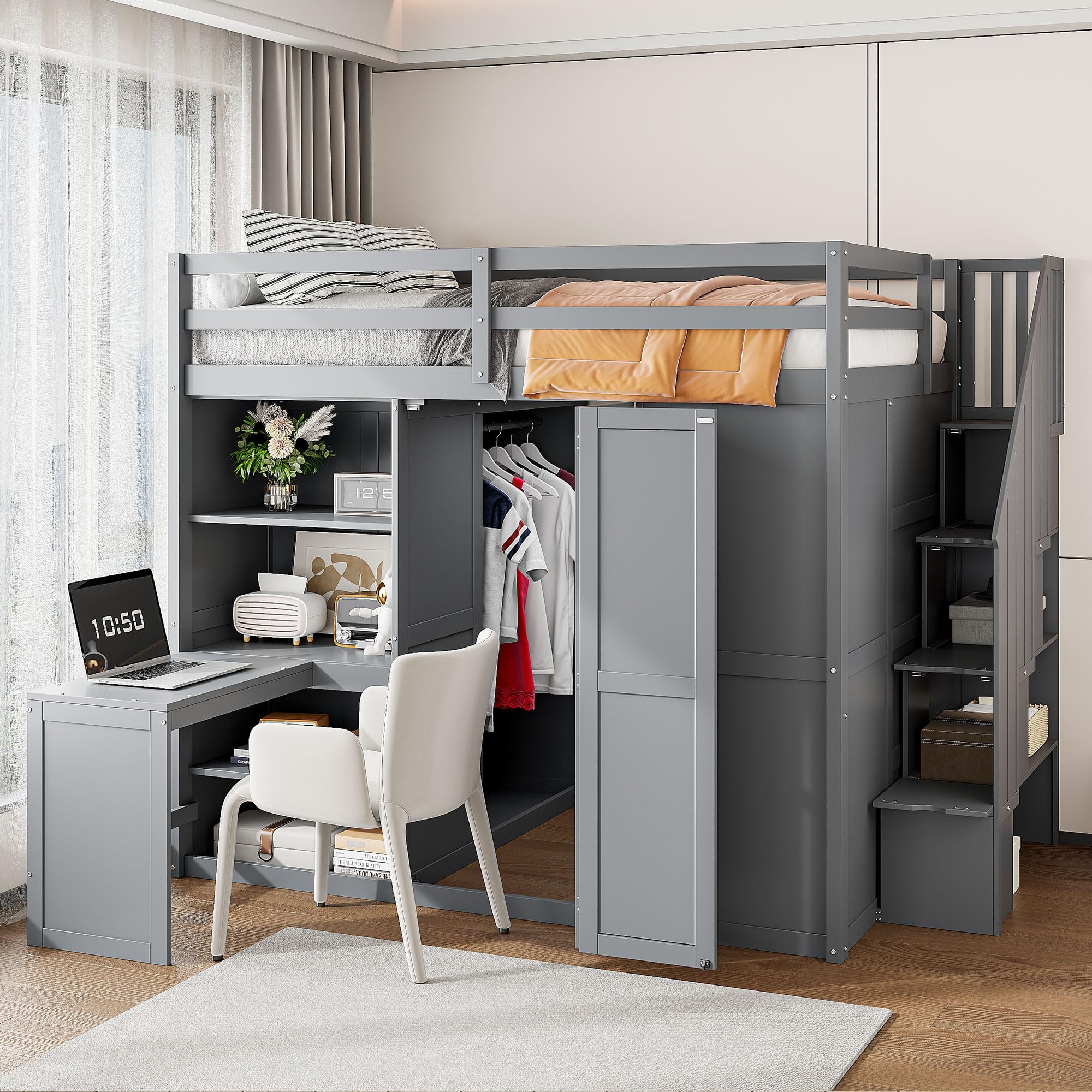 Ball & Cast Full Size Loft Bed with Wardrobe and Desk,Wood Bedframe w/Storage Ladder & Shelves,Full-Length Guard Rail,Slat Support,Space Saving,