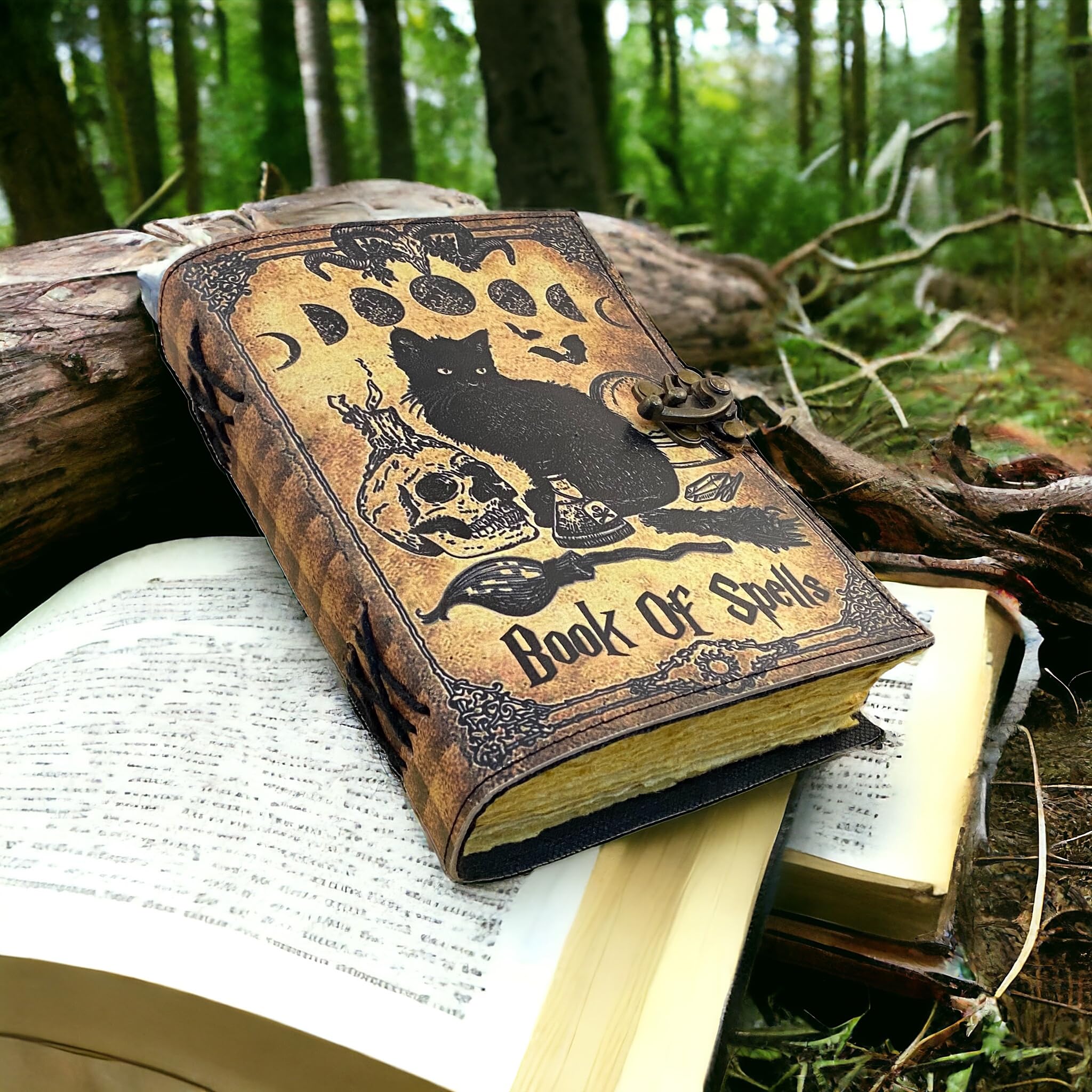 Blanko-Buch der Schatten Grimoire Tagebuch Magische Katze gedruckt Hexerei Supplies Hexe Wicca Notizbuch Handgemachtes Vintage Büttenpapier Leder Skizzenbuch, tolle Geschenke 17,8 x