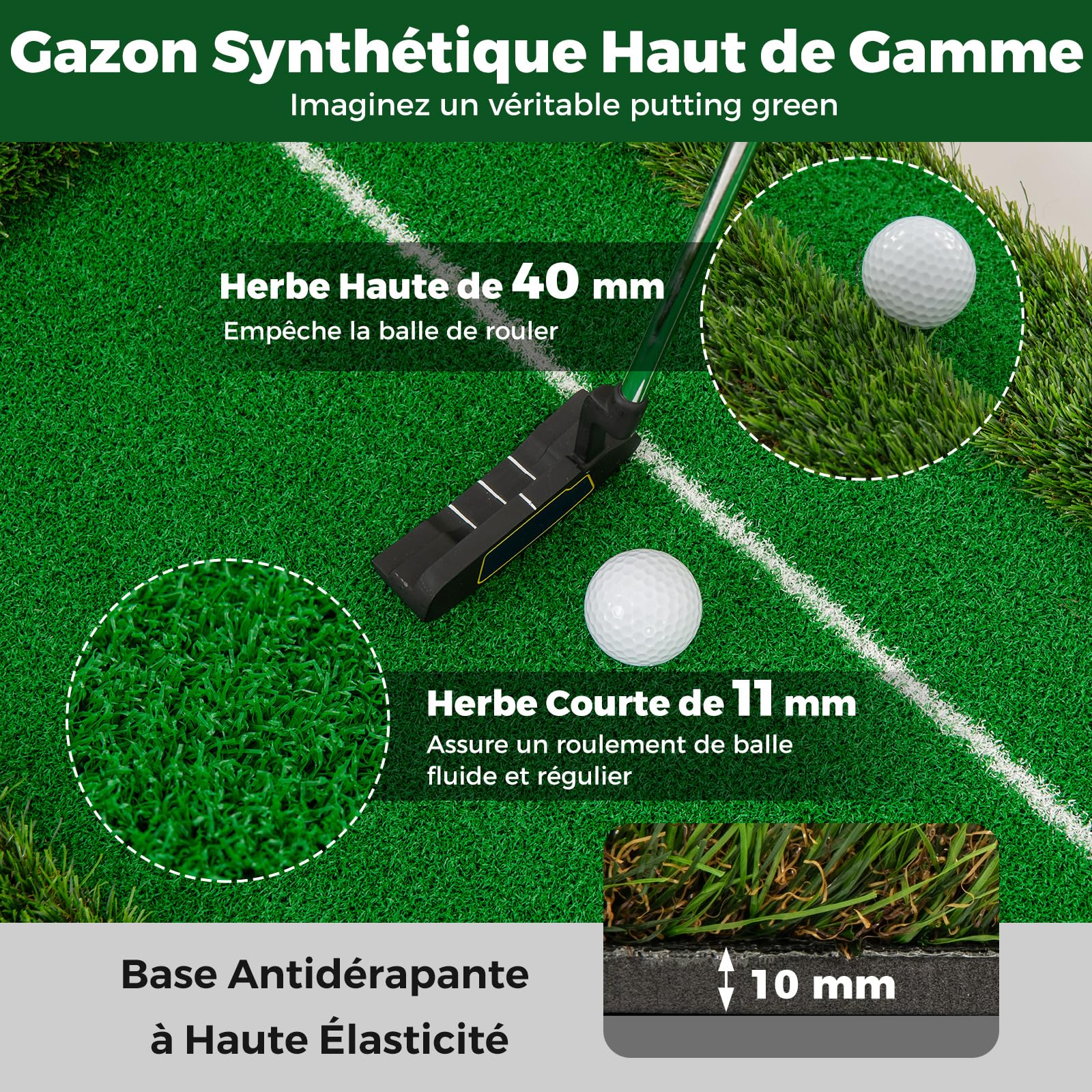 COSTWAY Tapis de Putting Entraînement Golf de 300 cm, Golf Putting Gazon Artificiel avec 3 Balles de Golf et 2 Tailles de Trou pour Fête, Tapis d'Entraînement pour Intérieur/Extérieur