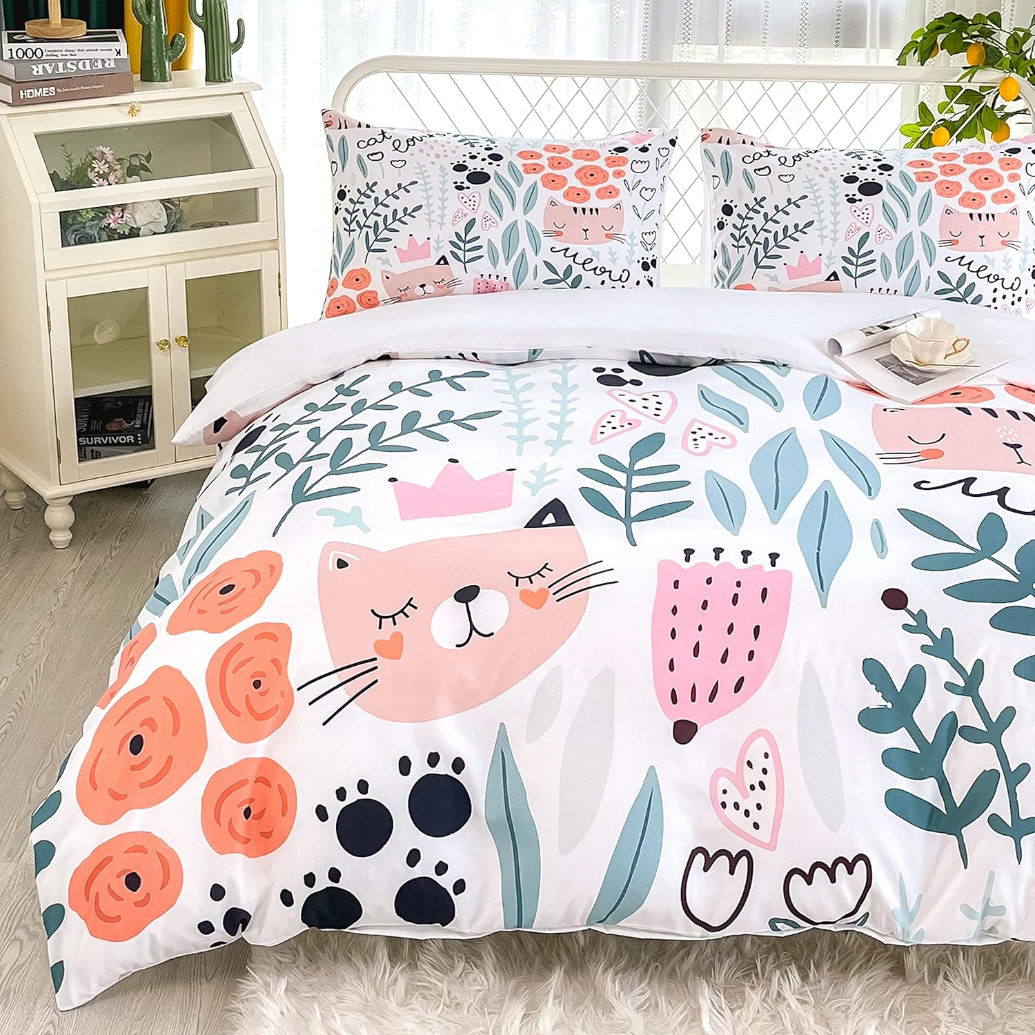 CVHOUSE Cat Duvet Cover Set,Cat Bedding Set for Kids,Cartoon Cat Comforter Cover Set,Full Size,1 Quilt Cover 2 Pillowcases 3 Piece, A12,