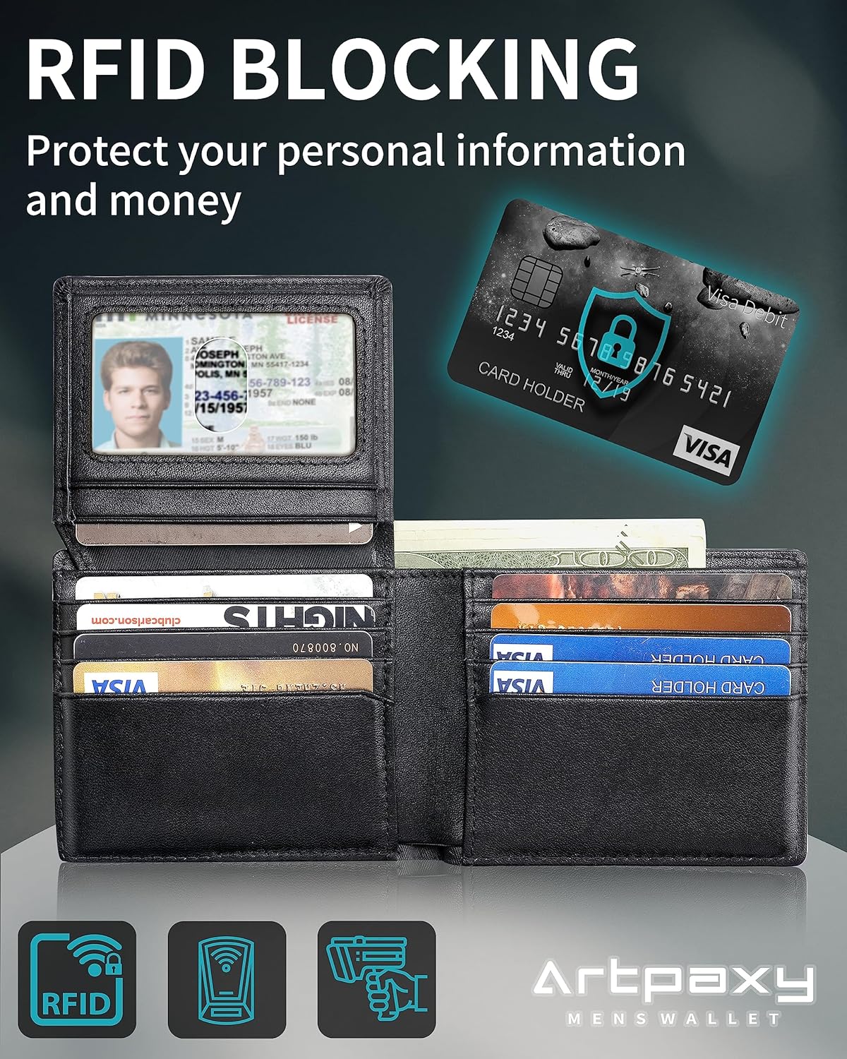 Mens Wallet Genuine Leather Bifold RFID Blocking Wallet for Men with 2 ID Windows 12 Card Holders 2 cash pockets 1 Gift Box - Image 7