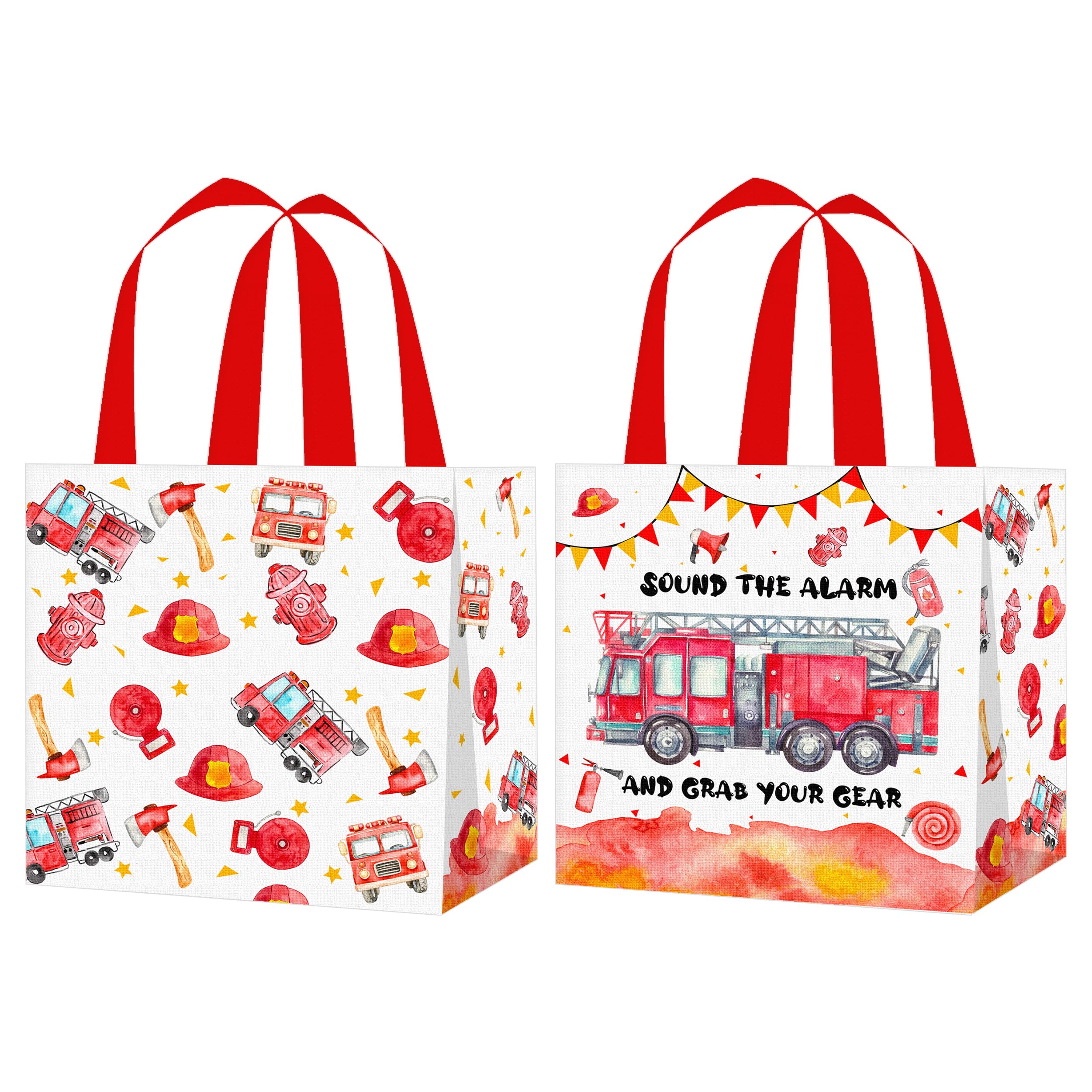 12pcs Fire Truck Party Gift Treat Bags with Handles Firefighter Firetruck Theme Non-Woven Grocery Shopping Bags for Fireman Birthday Party Rescue