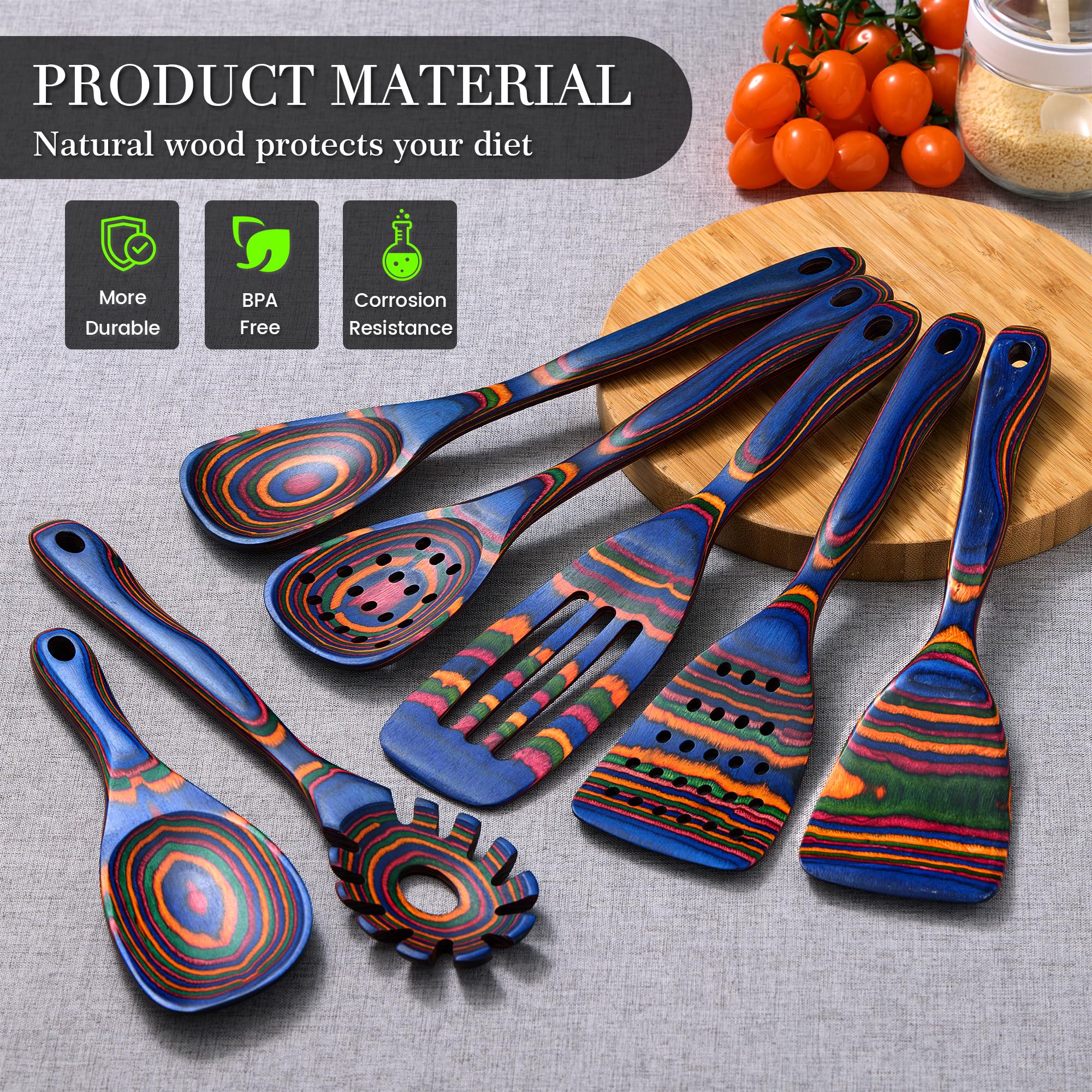Utensilios de cocina de madera resistentes al calor, juego de 7 piezas, ecológicos, incluye espátula, pasta y cucharas ranuradas, herramienta de cocina esencial