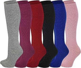 Ayla Girls Socks, 6 Pack Cable Knit Wool Boot Socks (Little Girls & Big Girls)