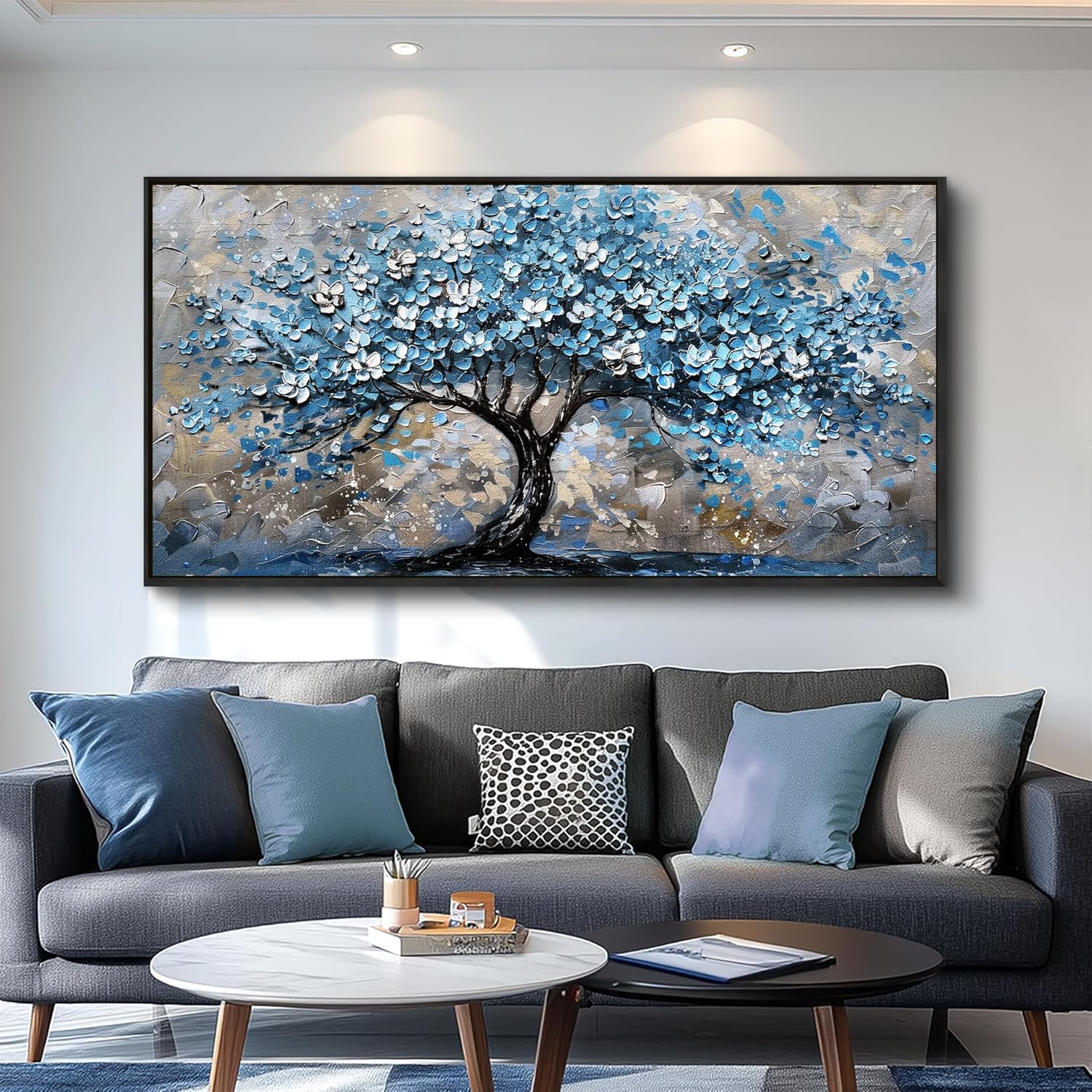 FUHAIHUA Black Framed Canvas Wall Art For Living Room Wall Decor For Bedroom Office Wall Decoration Blue Tree Painting Abstract Pictures Artwork Room Aesthetic Home Decor 20x40 In