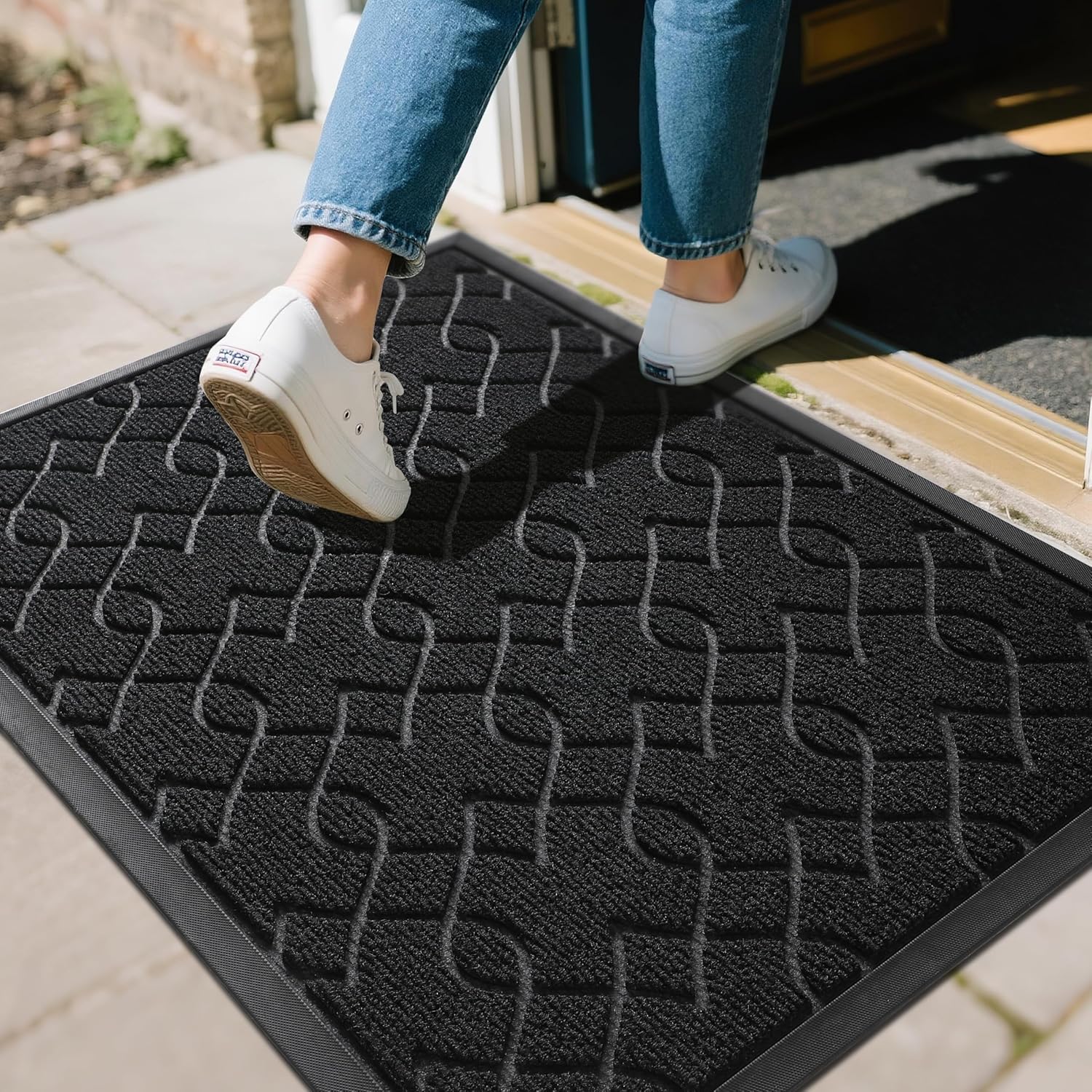 Yimobra 29.5x17 Outdoor Front Door Mat - All-Season Waterproof, Heavy Duty Non-Slip Doormat for Patio Garage Entryway, Black