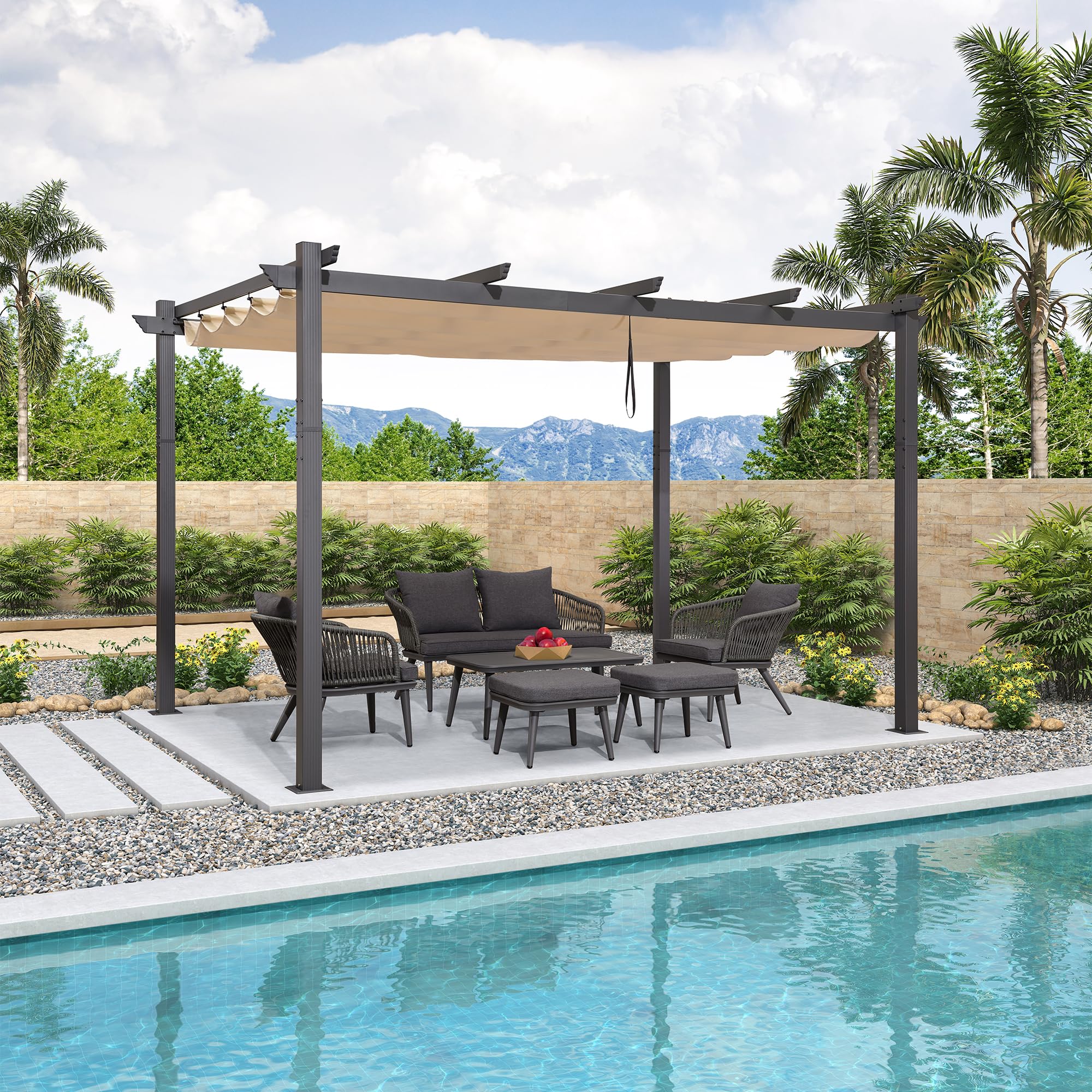 PURPLE LEAF Gazebo Pergola 3 x 4 M Alluminio Pergolato da Giardino con Tetto a Scomparsa Per Giardino Pergolati Terrazzo e Attività Commerciale, Cachi chiaro