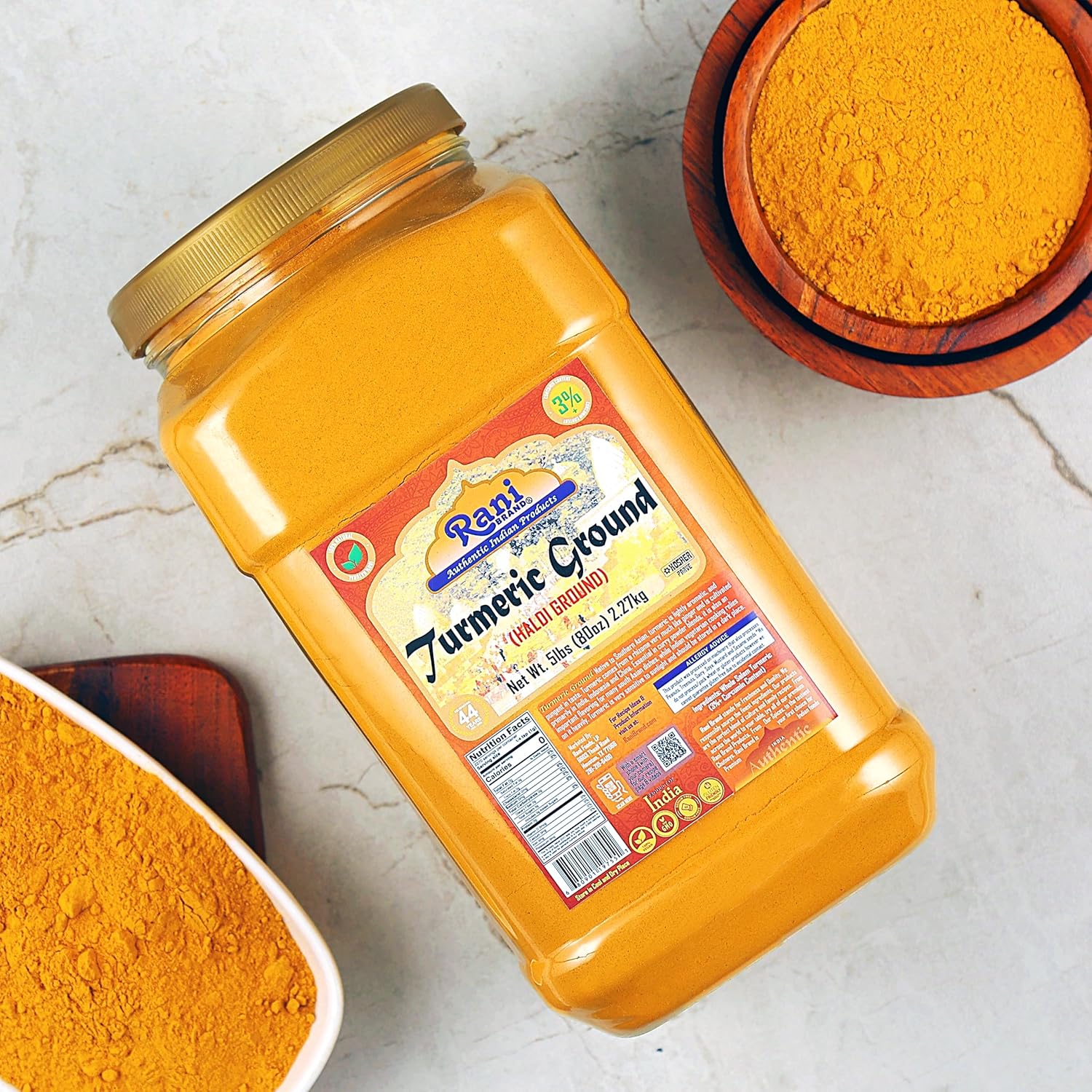 Rani Turmeric (Haldi) Root Powder Spice, (High Curcumin Content) 80oz (5lbs) 2.27kg Bulk PET Jar ~ All Natural | 100% Pure, Salt Free | Vegan | Gluten Friendly | NON-GMO | Kosher | Indian Origin