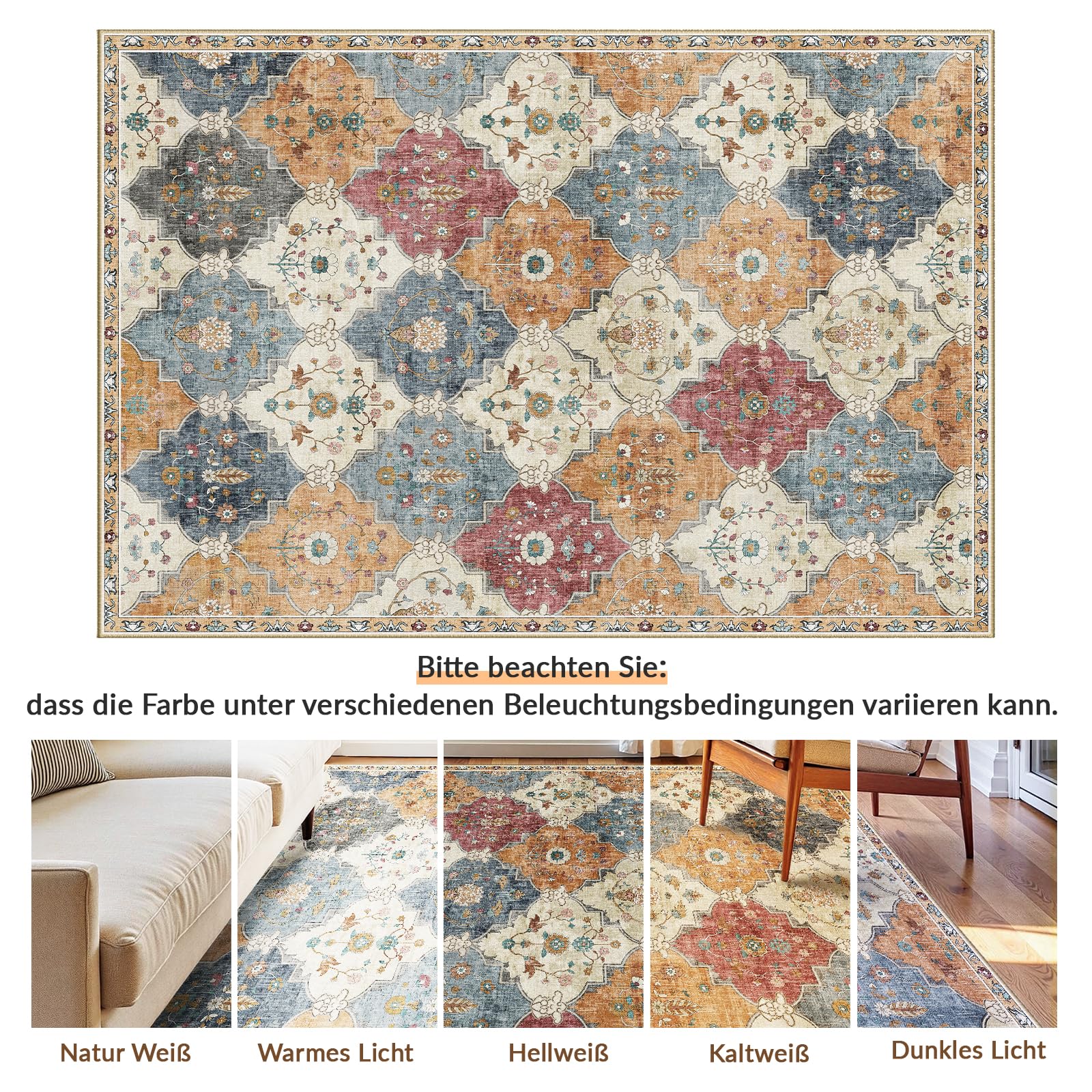 INOVADAY Teppich Wohnzimmer 200x300 cm Boho Waschbarer Teppich Orange/Rot | Moroccan, Kurzflor, Rutschfest, Teppich Schlafzimmer, Esszimmer, OEKO, Weiche, Staubsaugergeeigneter, Haustierfreundlich