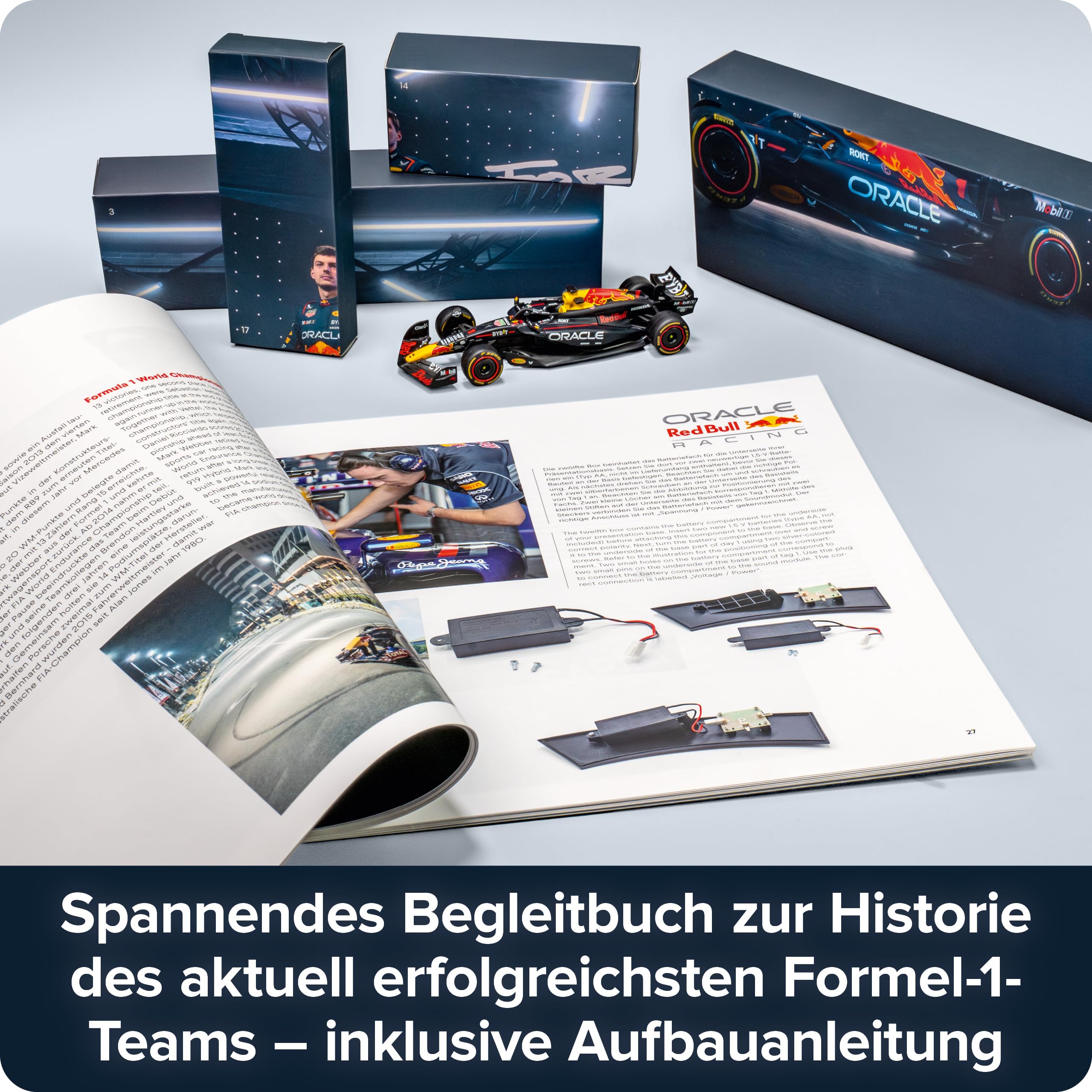 FRANZIS 67245 - Oracle Red Bull Racing Adventskalender 2025 - Modellbausatz im Maßstab 1:43, inkl. Soundmodul und 52-seitigem Begleitbuch