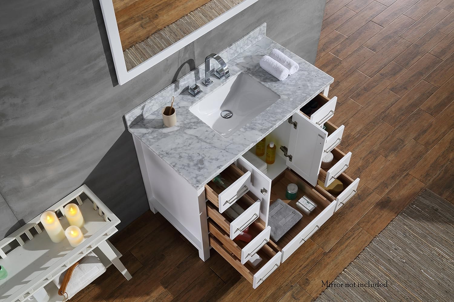 ARIEL DKB Beckford 42-Inch White Bathroom Vanity with Sink, Carrara Marble Countertop 1.5" Edge, Single Rectangular Undermount Sink, 2 Soft Closing Doors, 9 Drawers, Matte Black Hardware