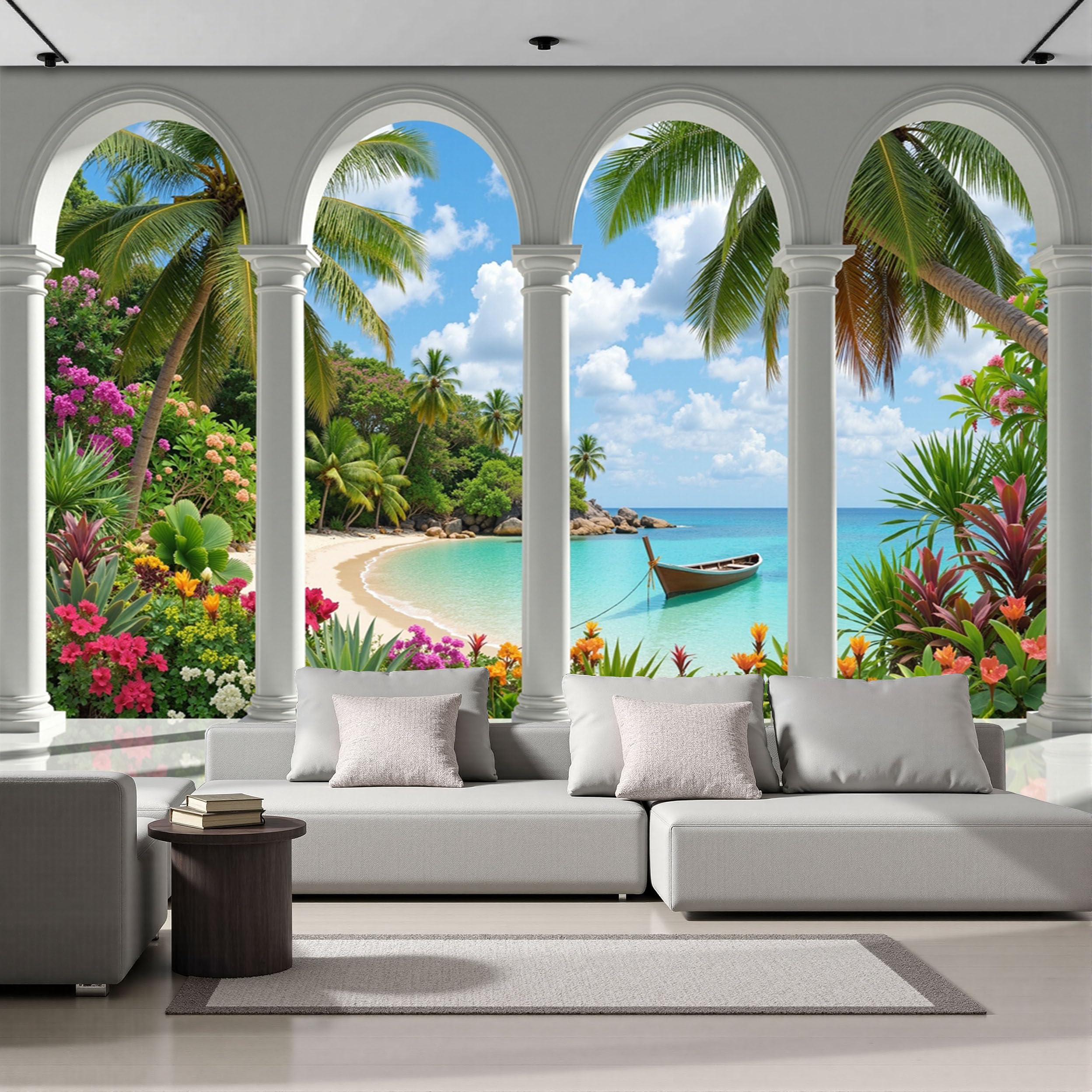 Papier peint panoramique fleurs et plage tropicale pour déco murale maison