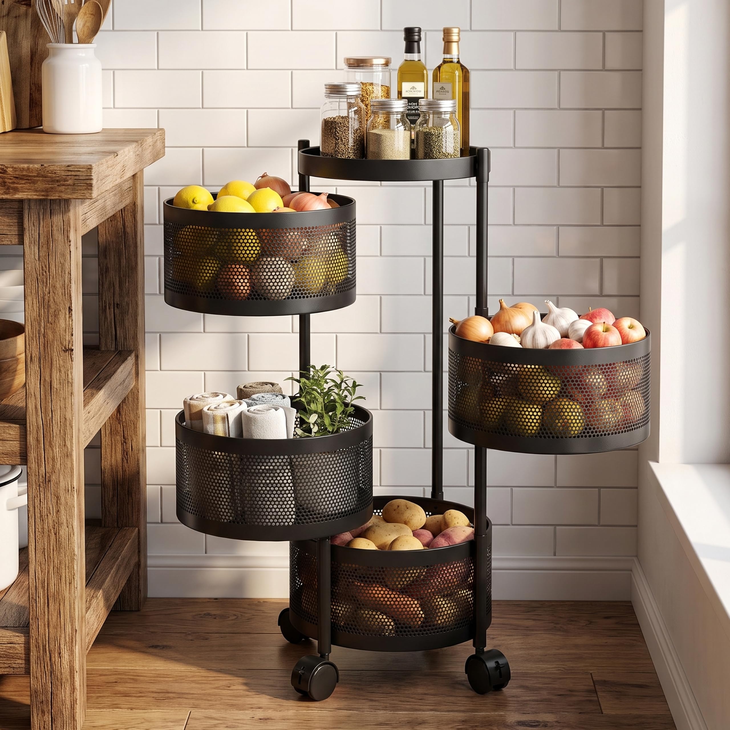 aloxe metal kitchen trolley with wheels, 4-tier storage trolley, multipurpose kitchen organizer rack, mesh baskets, vegetable storage – round black