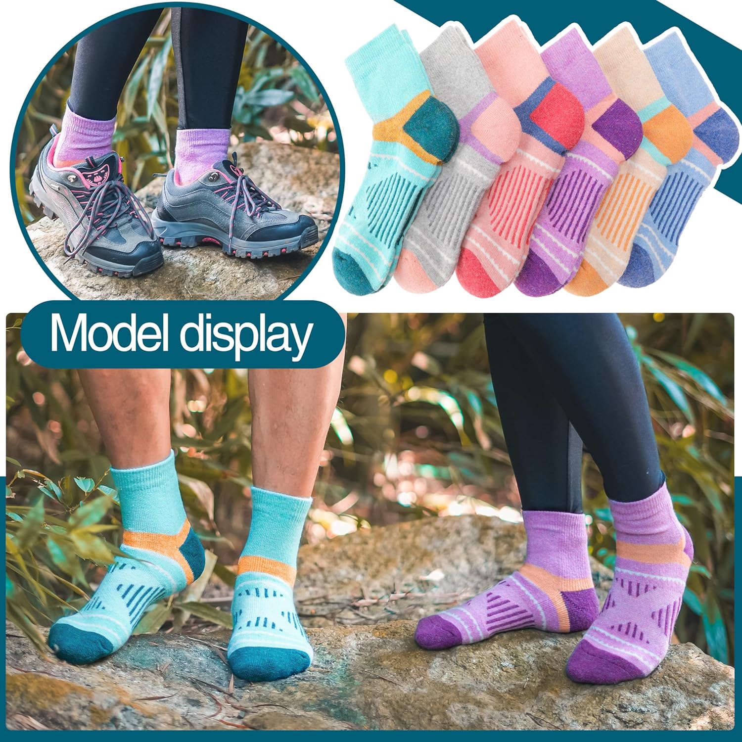 EBMORE 6 Pairs Merino Wool Ankle Hiking Running Socks Compression Support Thick Cushion No Show Socks for Men Women - Image 7