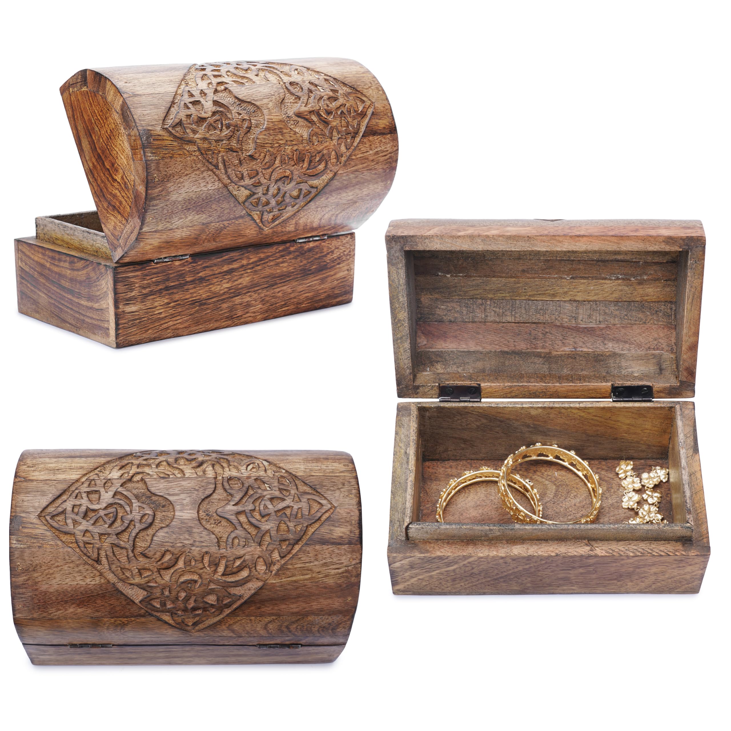 Ajuny Boîte à Bijoux en Bois de Manguier Sculpté – Coffret Décoratif Arbre de Vie Celtique, Fait Main, Organisateur Bijoux & Souvenirs, Grande Boîte 23 x 15 x 15 cm (9 x 6 x 6 po), Idée Cadeau