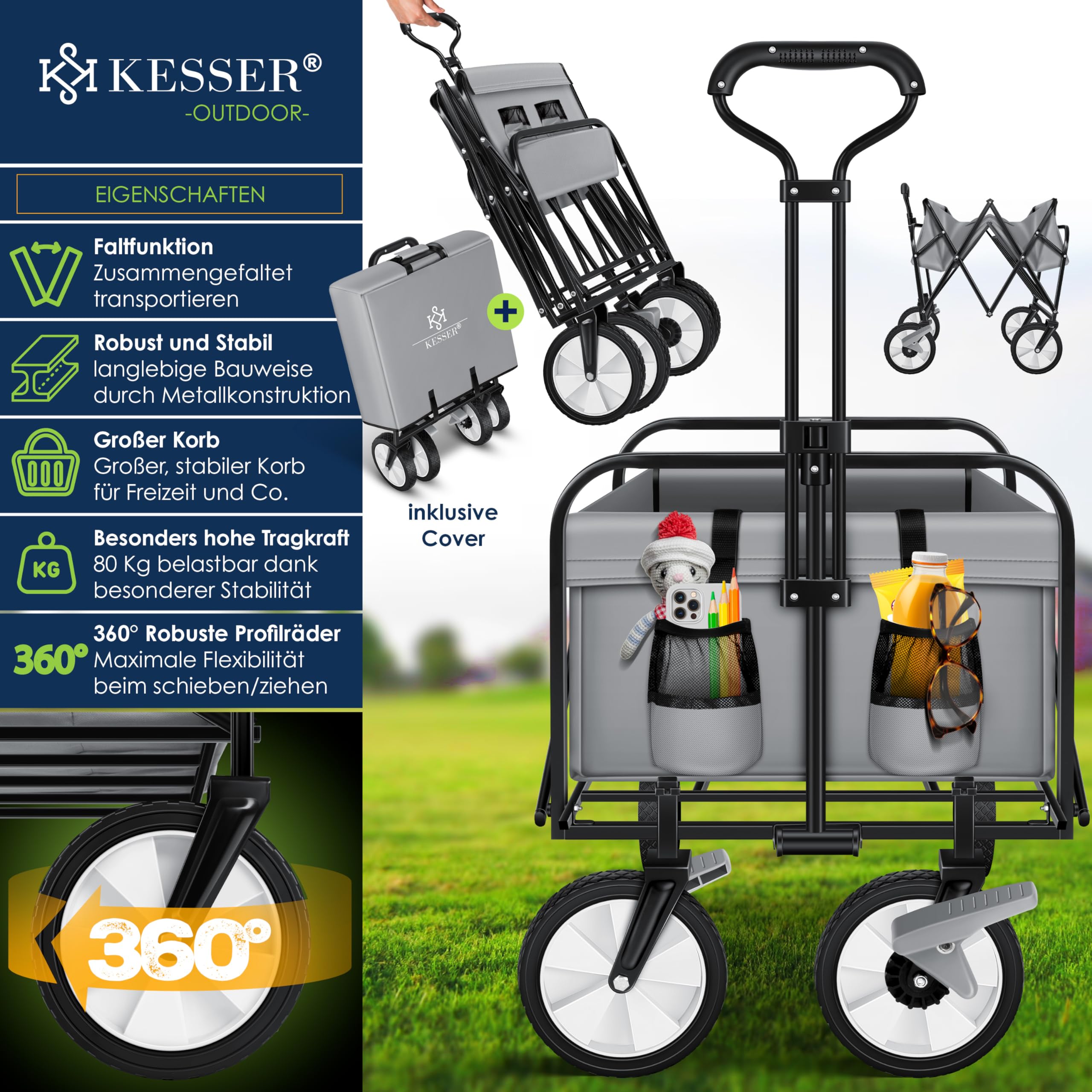 KESSER® Bollerwagen faltbar Handwagen Transportkarre max. 150kg Tragkraft & 360° PVC-Reifen Gerätewagen inkl. 2 Netztaschen, Seitentasche & Abdeckung Transportwagen Gartenanhänger ohne Dach, Grau