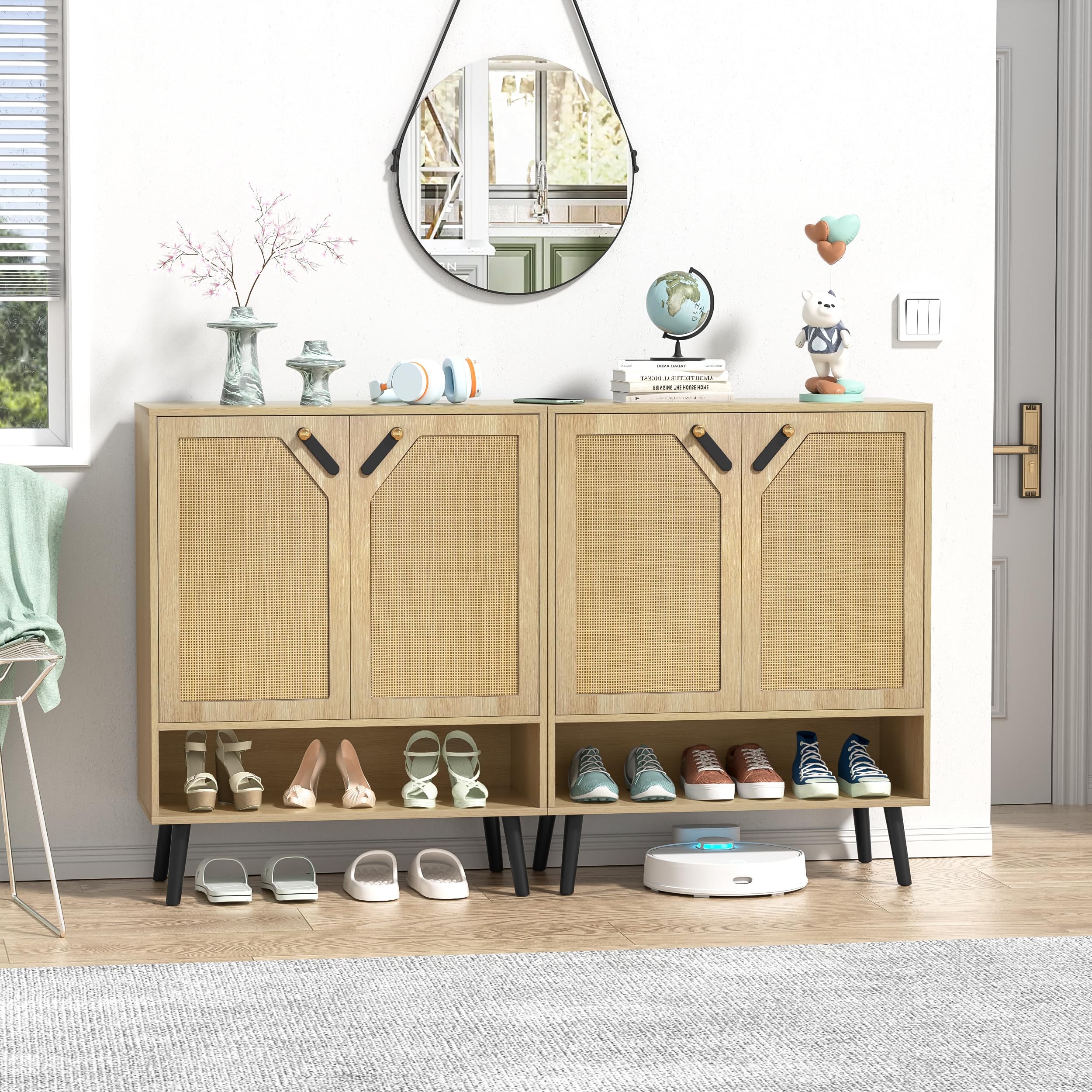 Rattan Schuhschrank mit 2 Türen, Schuhkommode für 15-20 Paar Schuhe, Schuhkipper mit Verstellbaren Regalen, Kippschutz, für Eingang, Flur, Wohnzimmer, Holz 80 x 38 x 100 cm