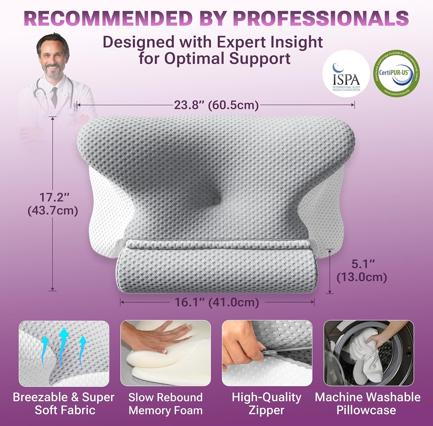 Cervical Neck Pillow for Sleeping, Dreamers Relief Pillow, Side Sleeper Pillow for Adults, Adjustable Height Memory Foam Pillow and Detachable Roll, Back & Stomach Sleeping Neck Pain Relief (Gray) - Image 6