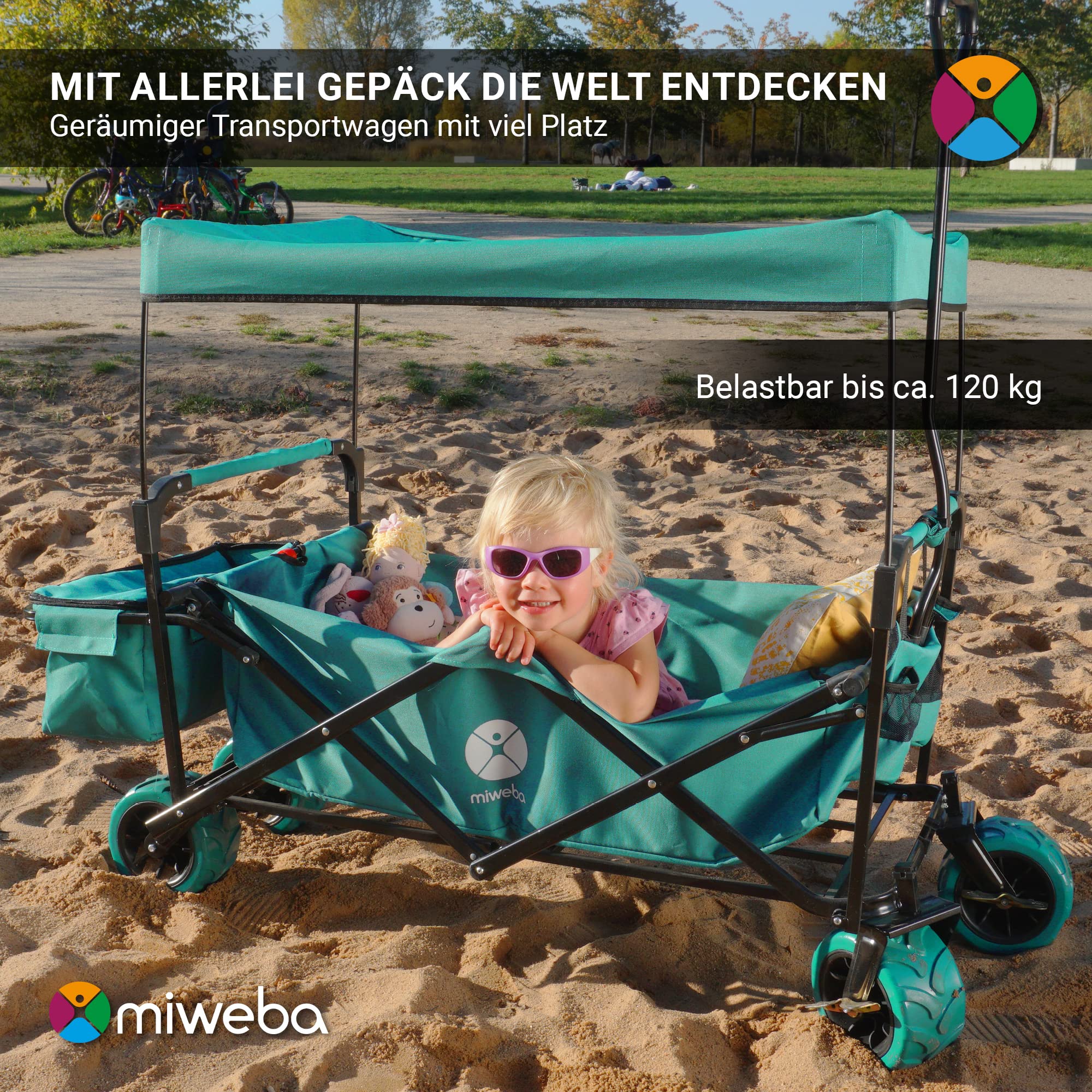 Miweba Bollerwagen faltbar MB-10 | Traglast 100 kg - Kinderwagen mit Dach - Handwagen faltbar - Transportwagen für Kinder - Wagen klappbar - Strandwagen - Gartenwagen - Faltwagen (Hellgrau/Dunkelgrau)