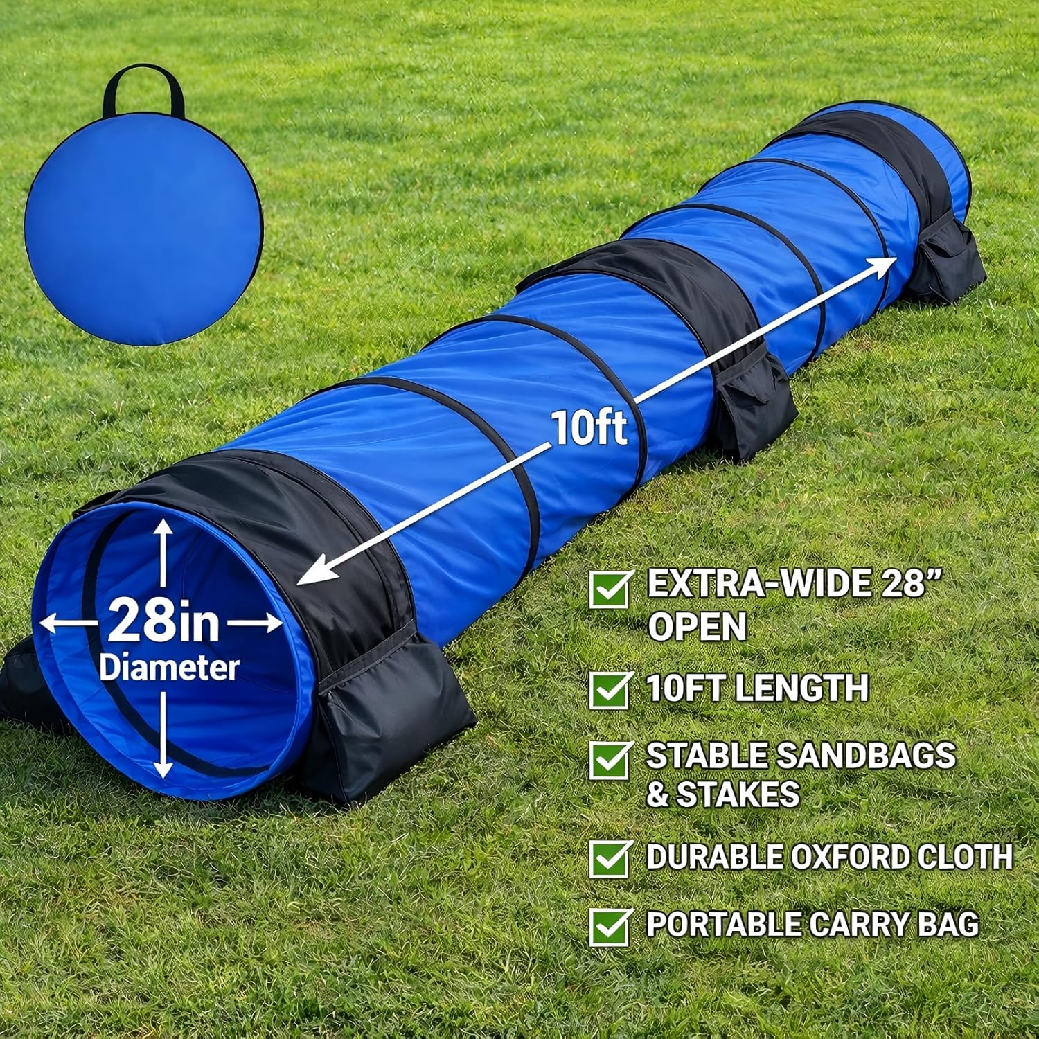 28in Dog Tunnel for Large Dogs, 10ft Heavy Duty Dog Agility Training Equipment with 3 Sandbags & 4 Stakes, Portable Pop Up Pet Play Tunnel, Professional Agility Kit