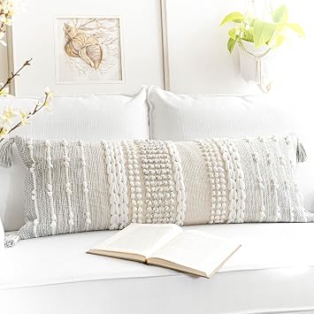 Gray Decorative Lumbar Pillow Cover 14x36, Boho Long Throw Pillow for Bed, Accent Lumbar Throw Pillow Case, Modern Farmhouse Textured Lumbar Cushion Cover ONLY