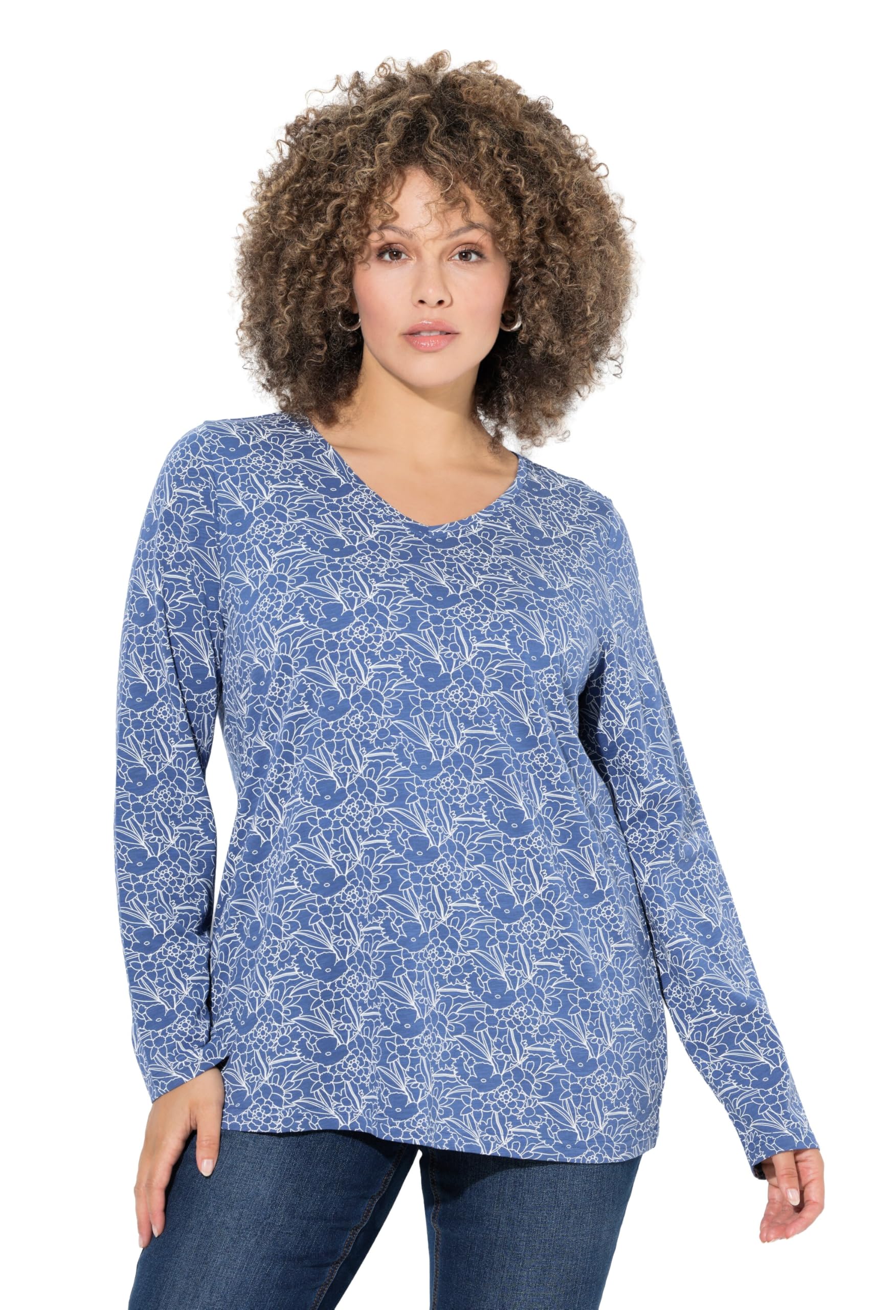 Ulla Popken Damen große Größen Übergrößen Plus Size Shirt, Bedruckt, Classic, V-Ausschnitt, Langarm 845188