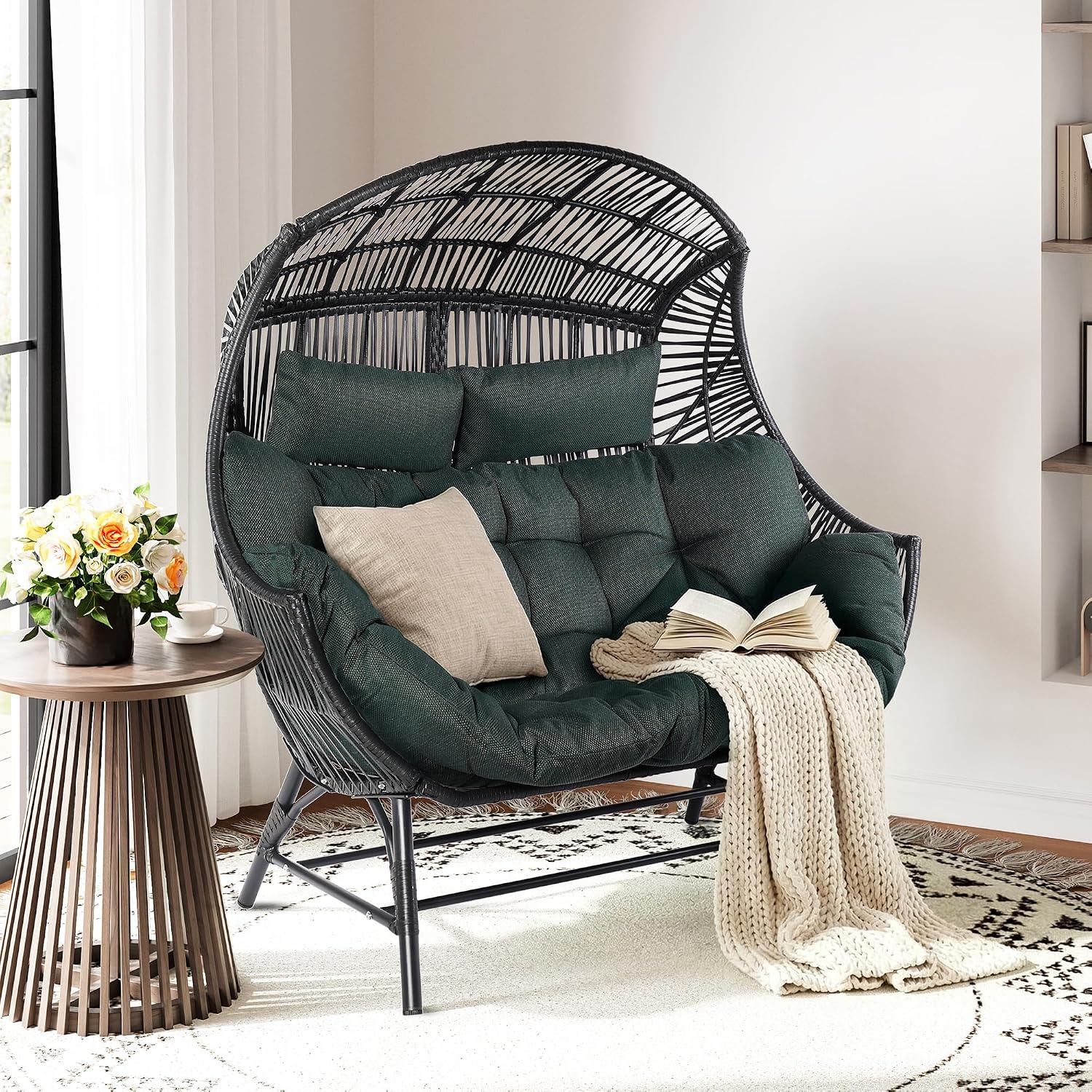 IRONCK Egg Chair Outdoor, Double Wicker Egg Lounge Chair, Upgraded Feet, Handrest and Padded Cushion, 700Lbs, Oversized Loveseat for Backyard, Patio, Living Room, Dark Green