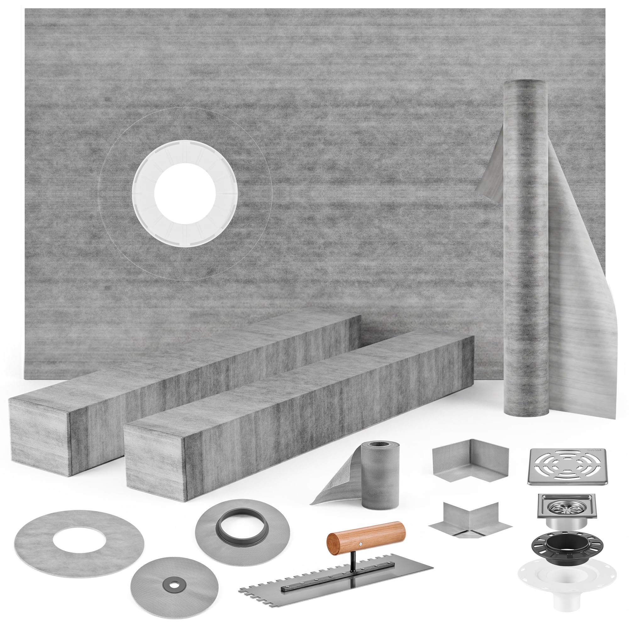 VEVOR Shower Curb Kit 38" x 60" Watertight Shower Curb Overlay with 4" PVC Offset Bonding Flange, 4" Stainless Steel Grate, 2 Cuttable Shower Curb and Trowel, Shower Pan Slope Sticks Fit for Bathroom