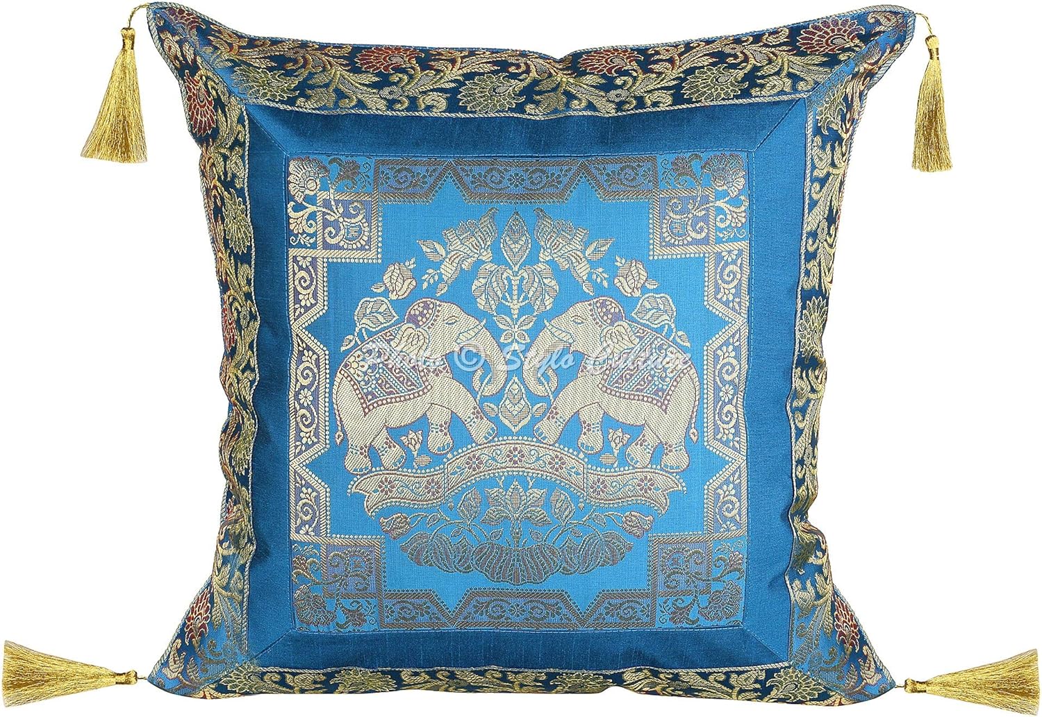 Bohemian Decorative Sofa Settee Toss Throw Pillow Cases 45x45 cm Brocade Bedroom Turquoise Elephant Jacquard Tassels Square Luxury Zippered Indian 18x18 Inch Cushion Covers - 2 Pcs